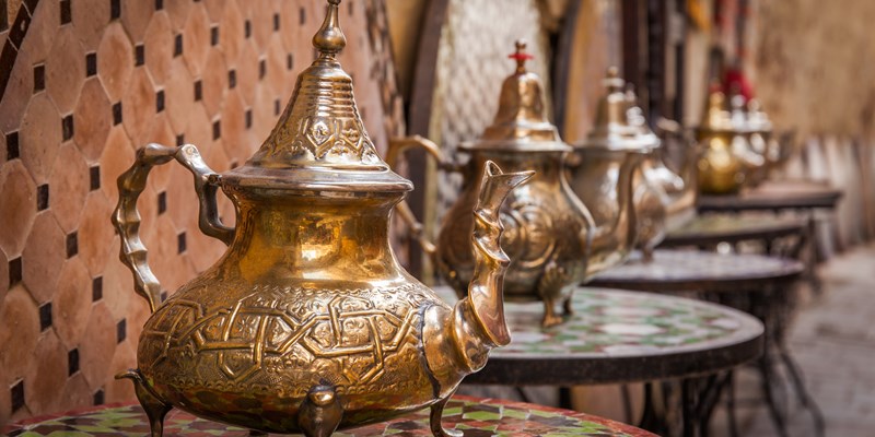 Maroccan tea pots on show at a craft workshop in Fez medina, Morocco
