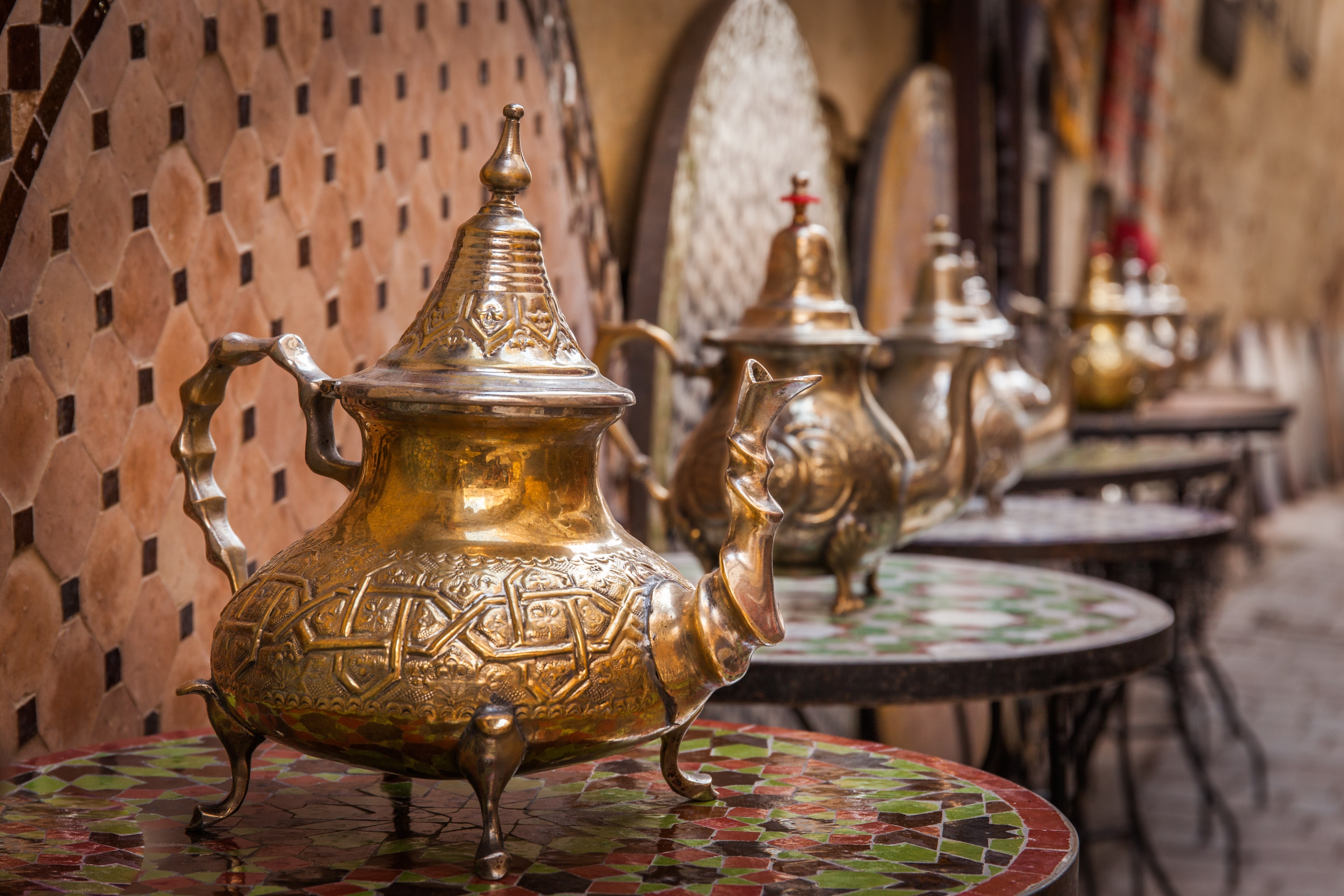 Maroccan tea pots on show at a craft workshop in Fez medina, Morocco