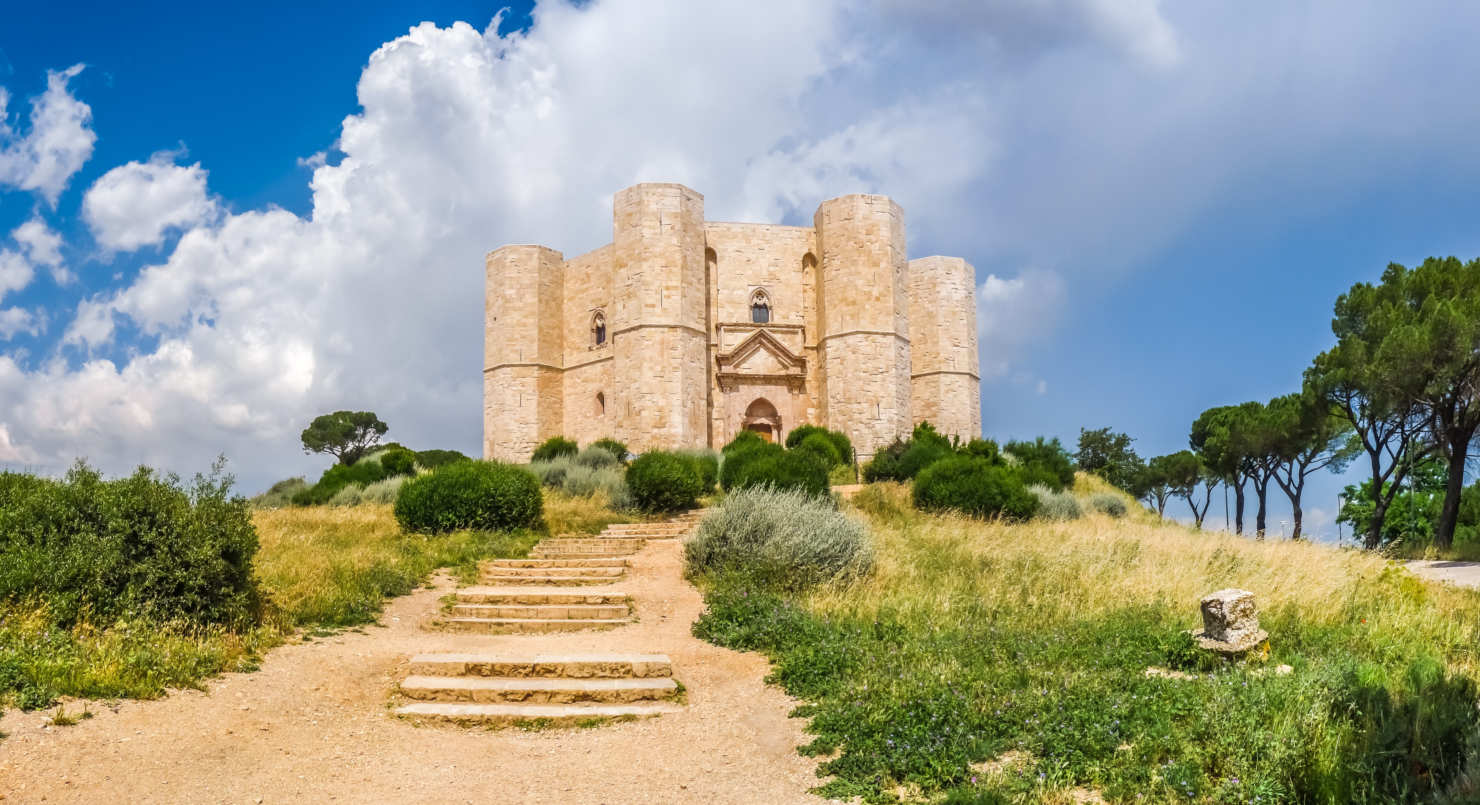 Beautiful view of Castel del Monte, the famous castle built in an octagonal shape by the Holy Roman Emperor Frederick II in the 13th century in Apulia, southeast Italy