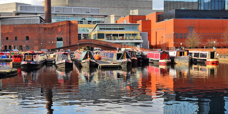 Birmingham water canal network - famous Gas Street Basin. West Midlands, England.