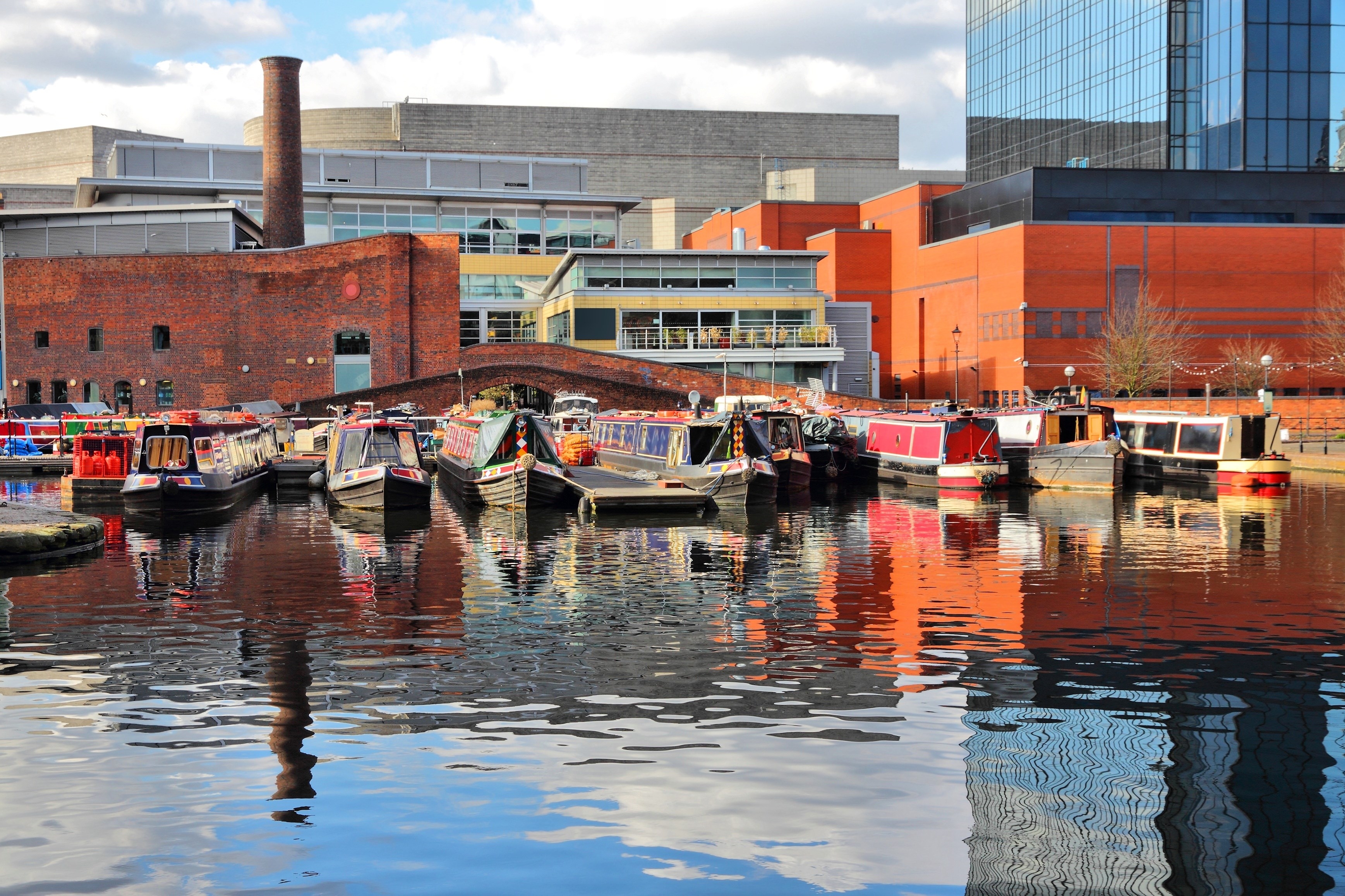 Birmingham water canal network - famous Gas Street Basin. West Midlands, England.