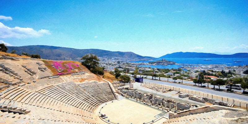 Beautiful panorama oil painting from Bodrum ancient theater