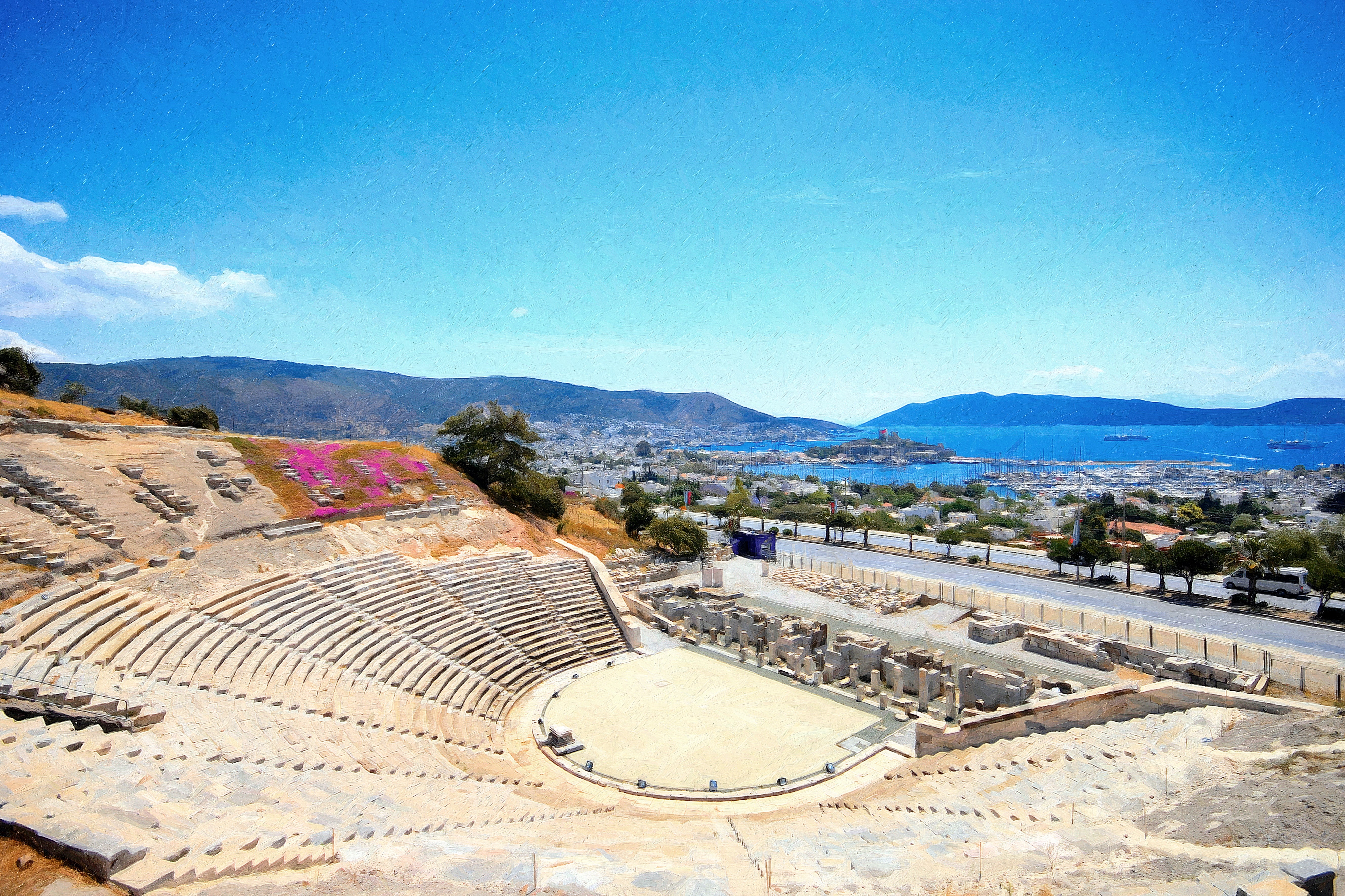 Beautiful panorama oil painting from Bodrum ancient theater