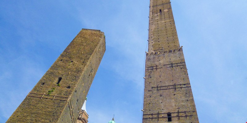 Torre Garisenda and Degli Asinelli Tower in Bologna Emilia Romagna Italy