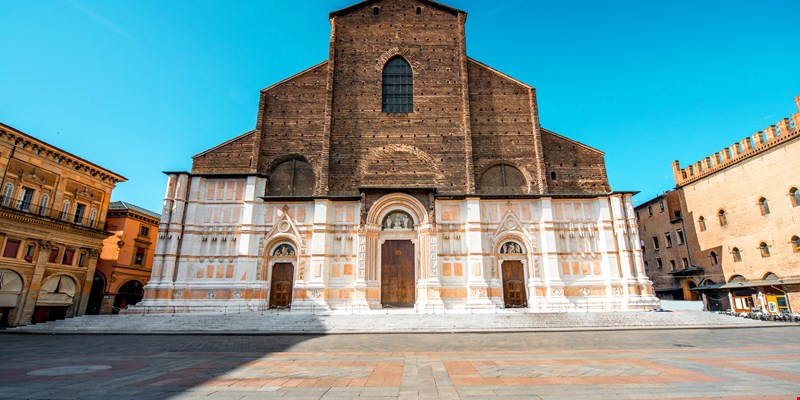 San Petronio church on the main square in Bologna city. It is the largest church built in bricks in the world.