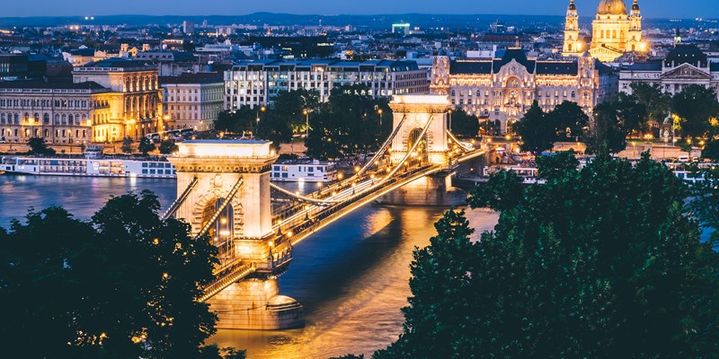 Chain Bridge in Budapest lit up at night, Hungary
