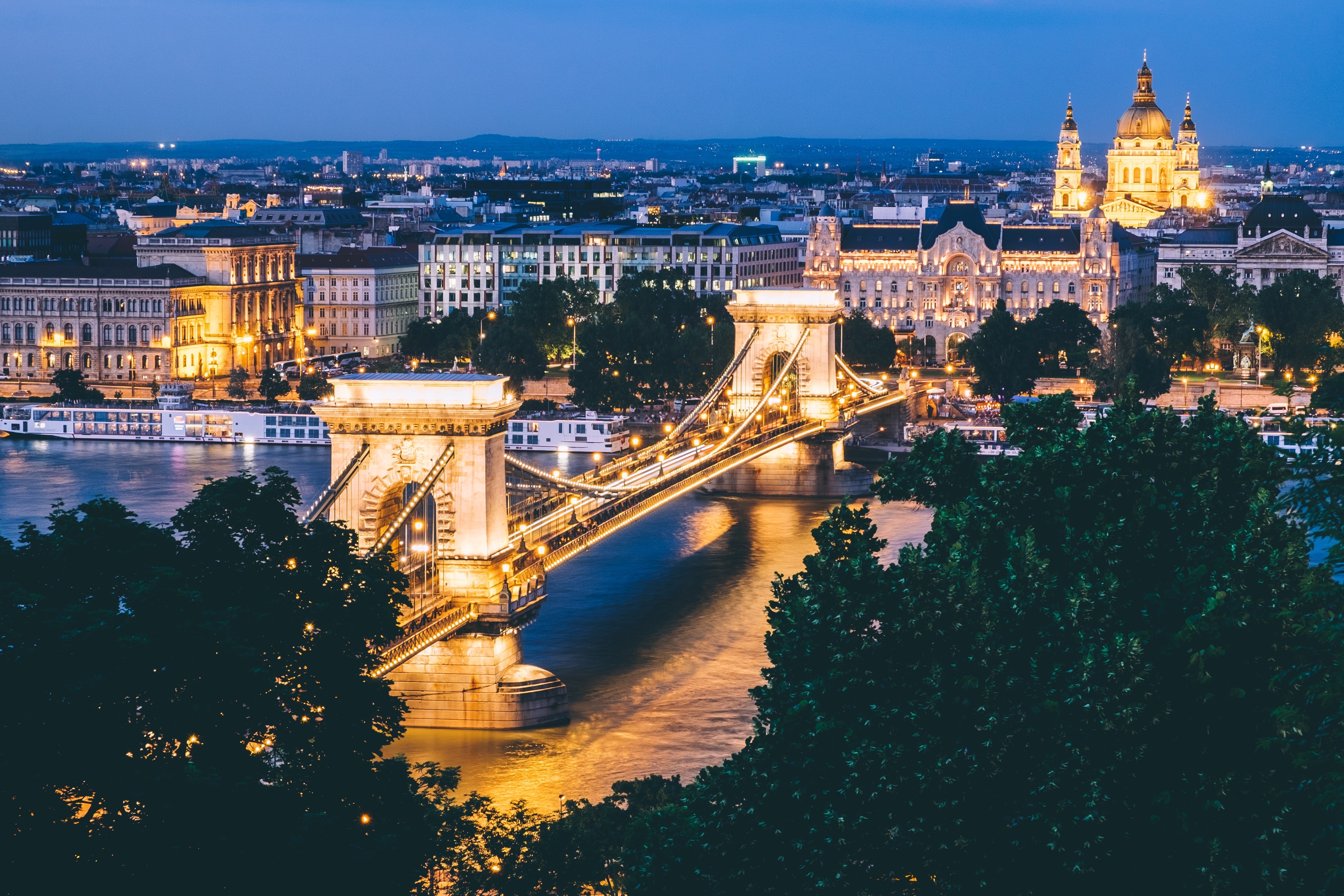 Chain Bridge in Budapest lit up at night, Hungary