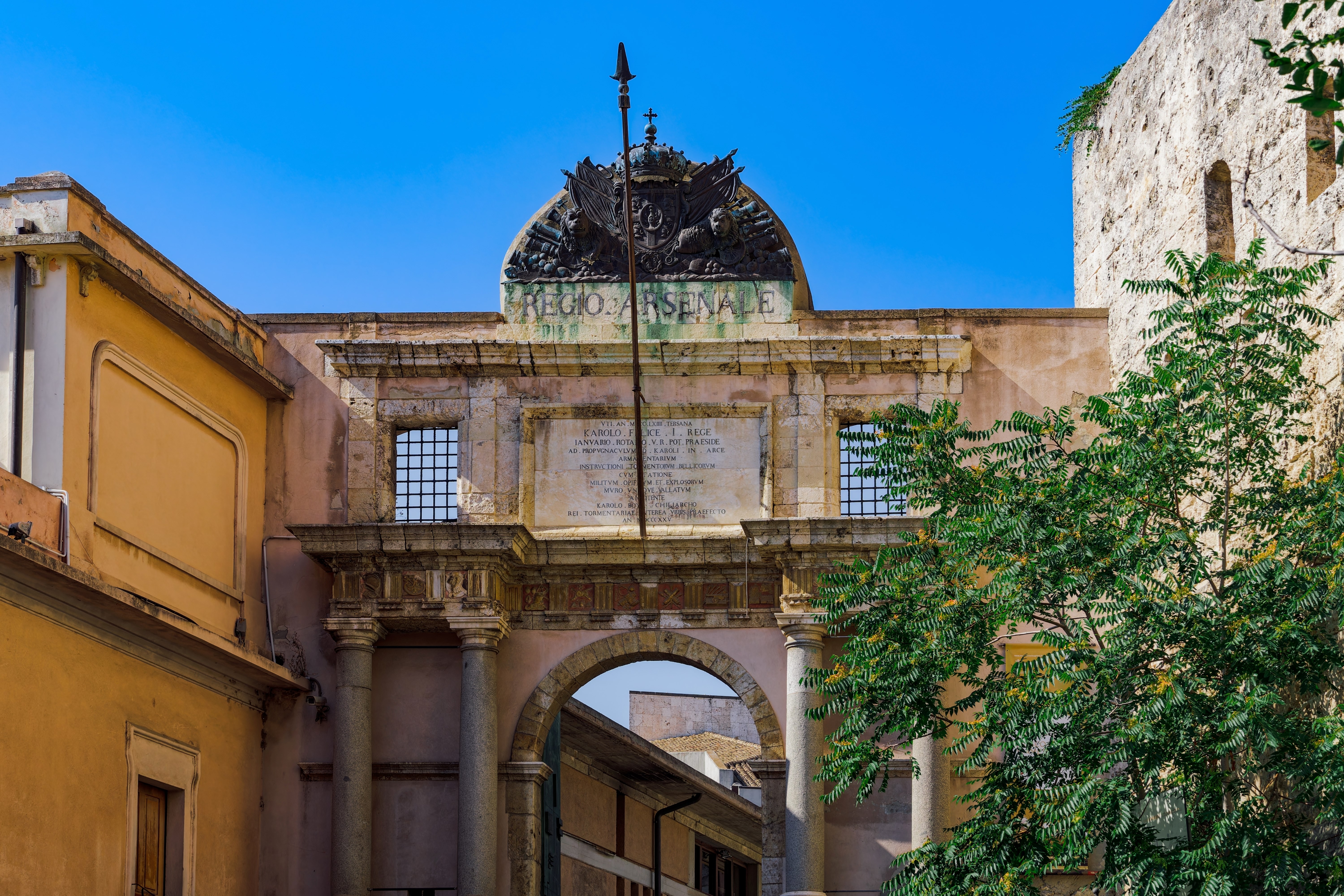Cagliari historic gate of the former Royal Arsenal - Portale ex Regio Arsenale - nowadays entrance to the museums citadel in Sardinia Island, Italy.