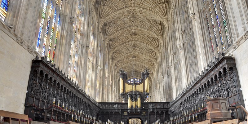 King's College Chapel, Cambridge. Interior seen from high altar, with the world's largest fan vault.