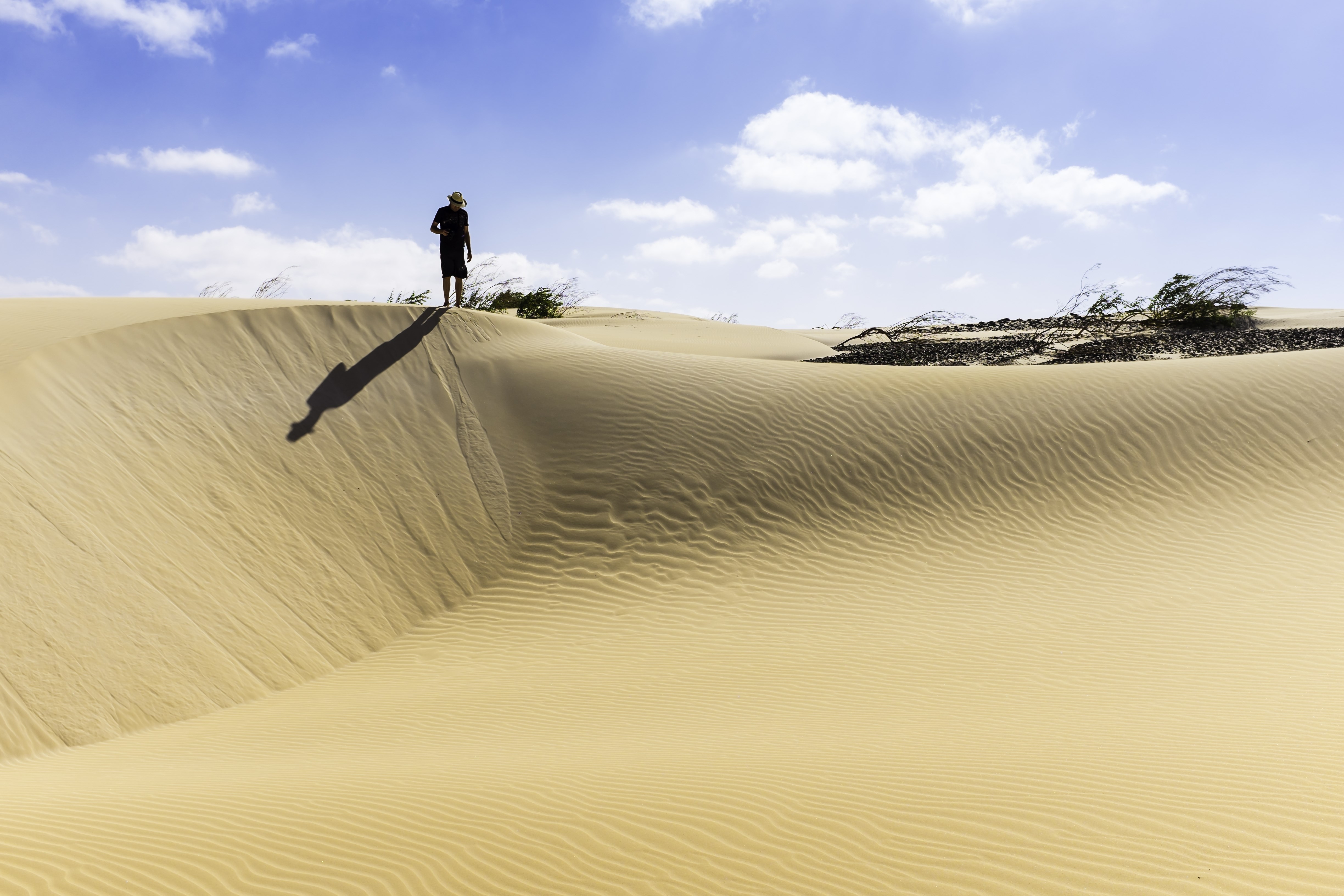 an unrecognizable man wearing a straw hat stands on top of a sand dune in the desert, looking down