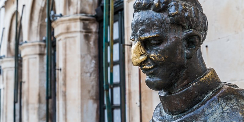 A statue of Marin Drzic in Dubrovnik - considered the finest Croatian Renaissance playwright and prose writer. As a sign of good luck, people rub his nose whilst passing.