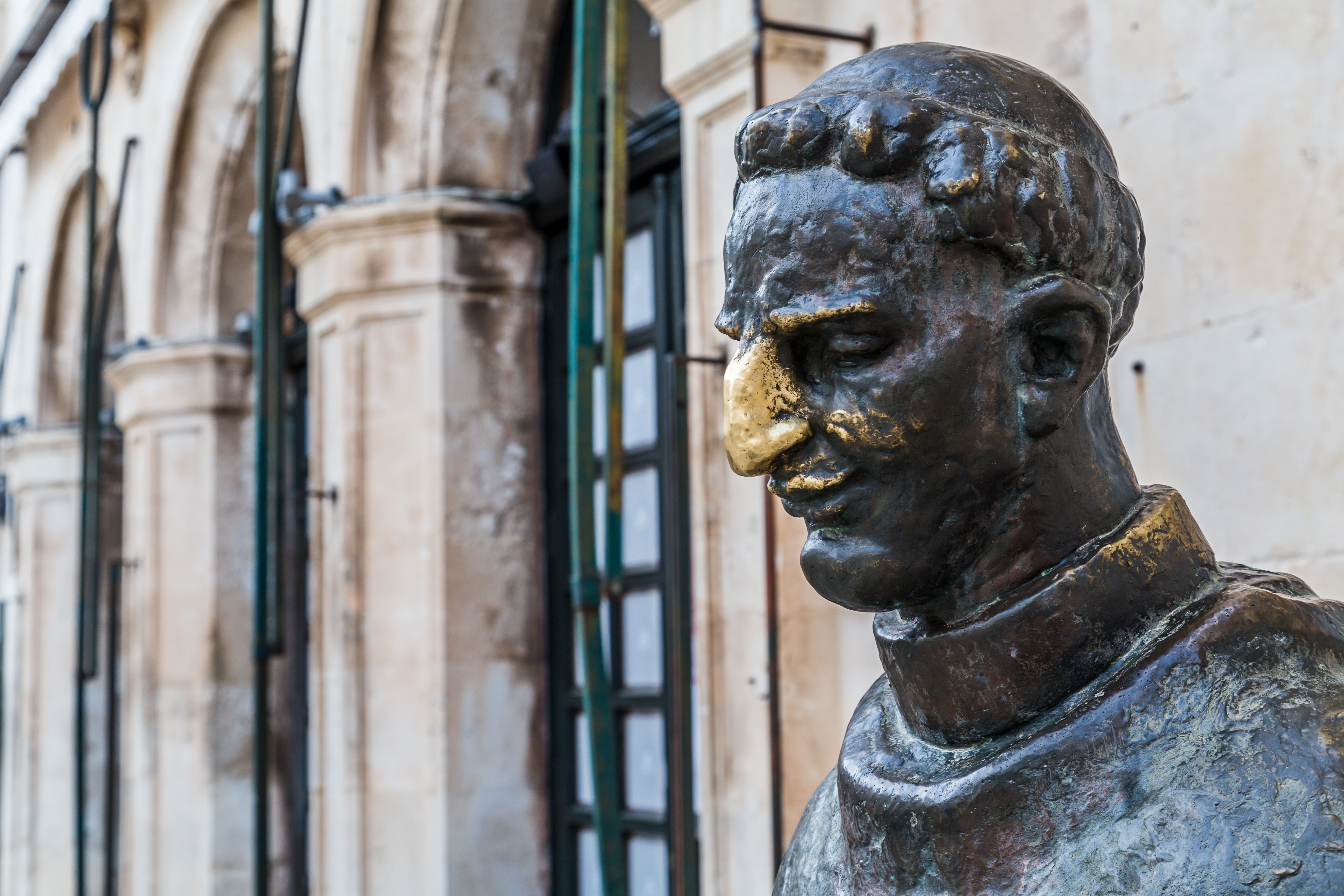 A statue of Marin Drzic in Dubrovnik - considered the finest Croatian Renaissance playwright and prose writer. As a sign of good luck, people rub his nose whilst passing.