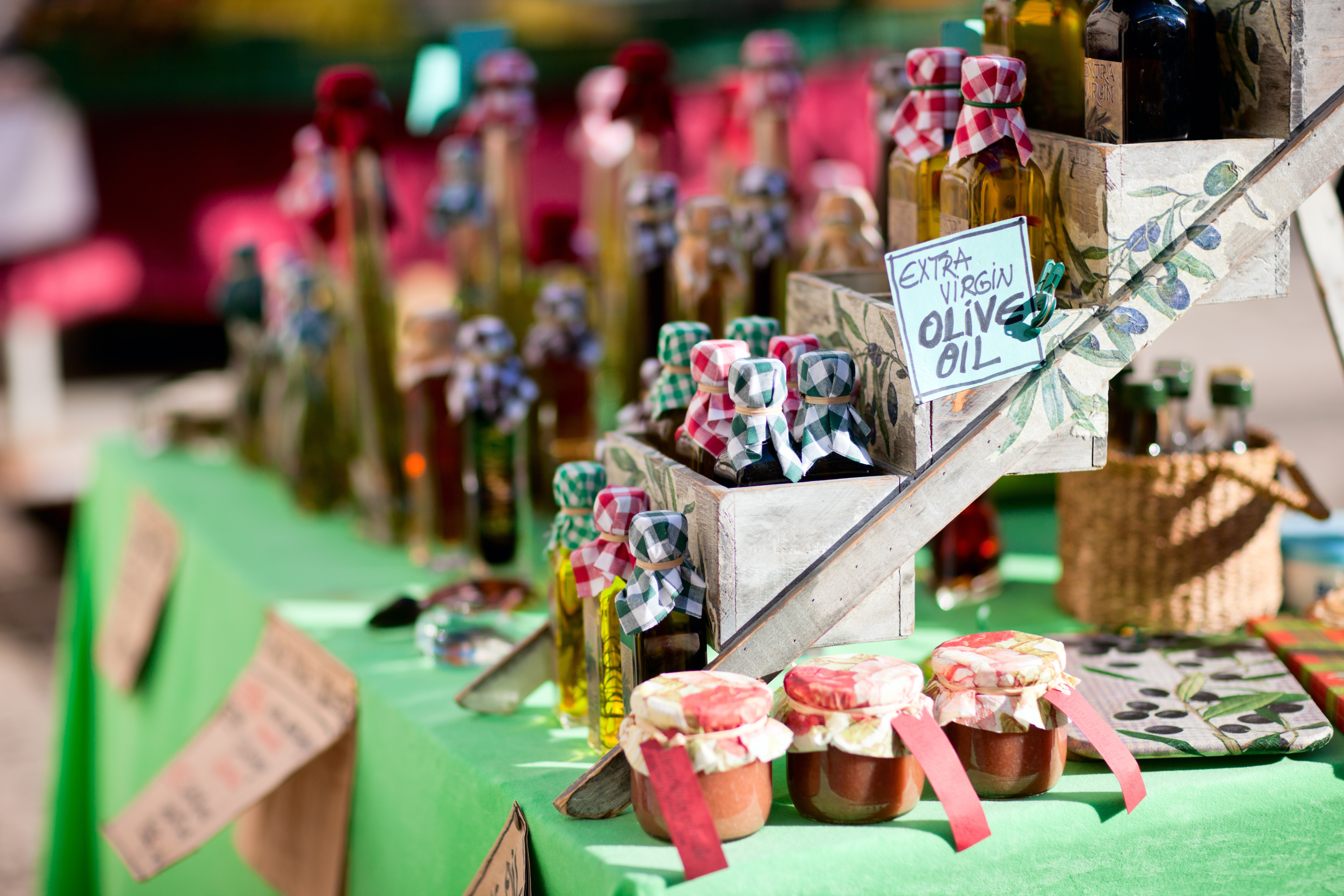 Close up of extra virgin olive oil and marmalade at market in Dubrovnik Croatia