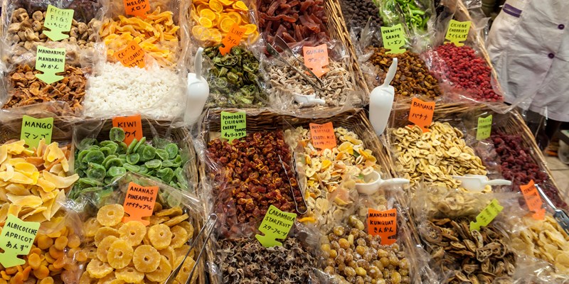 Store dried fruit and vegetables, typical products of Tuscany, in the Central Market in Florence