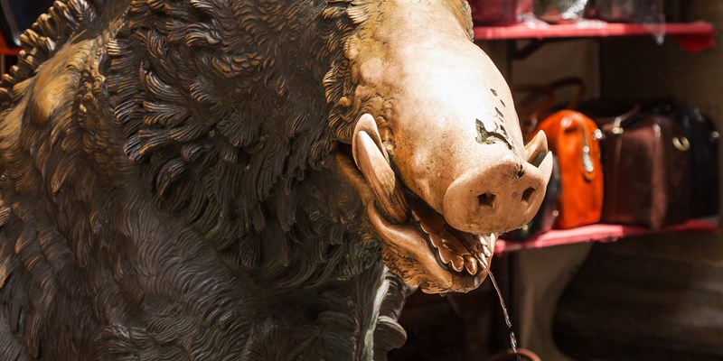 "The Little Pig" a famous bronze boar at Mercato Nuovo (market) in Florence, Tuscany, Italy.