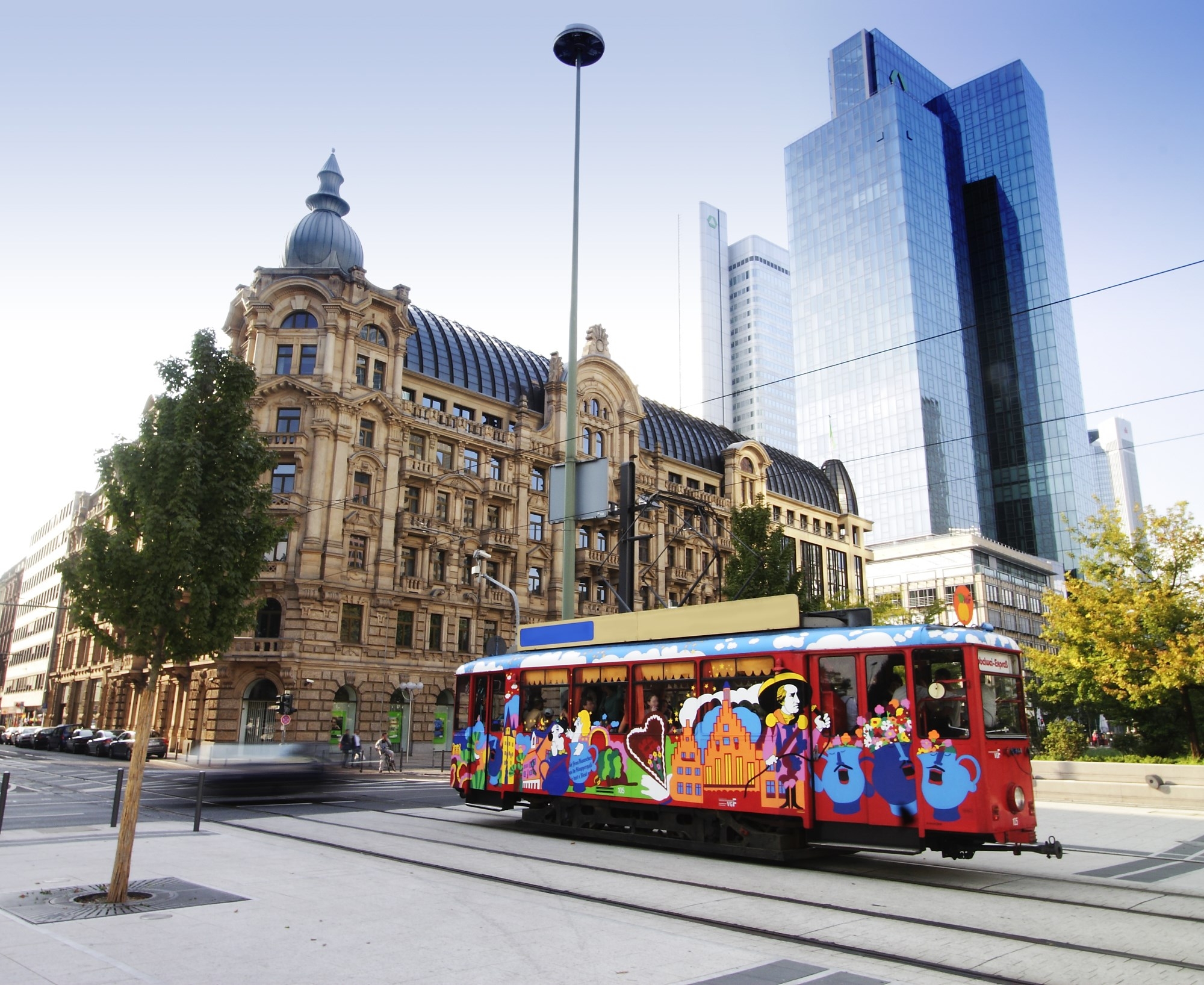 A colorful electric tram or train in Frankfurt