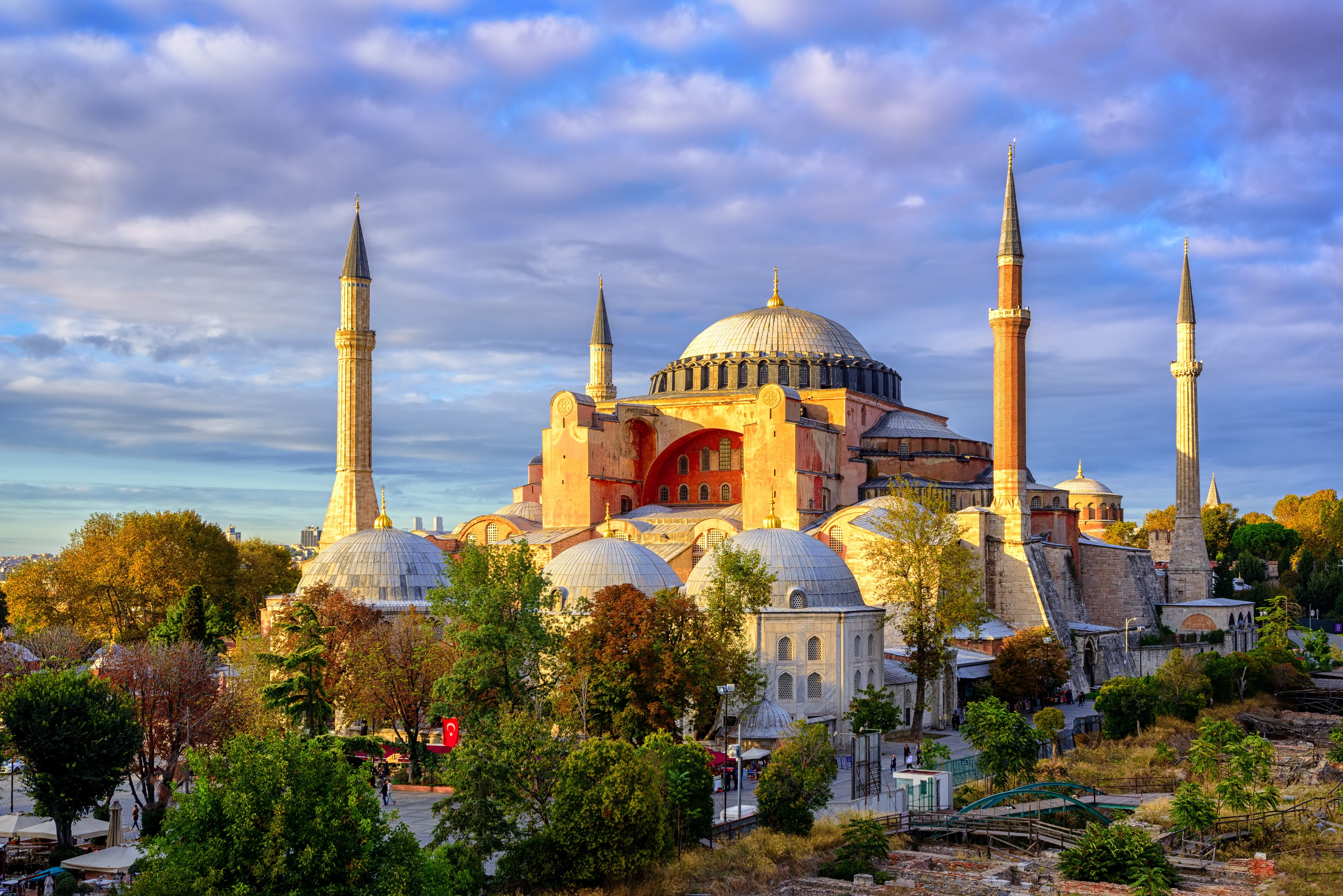 Hagia Sophia domes and minarets in the old town of Istanbul, Turkey, on sunset