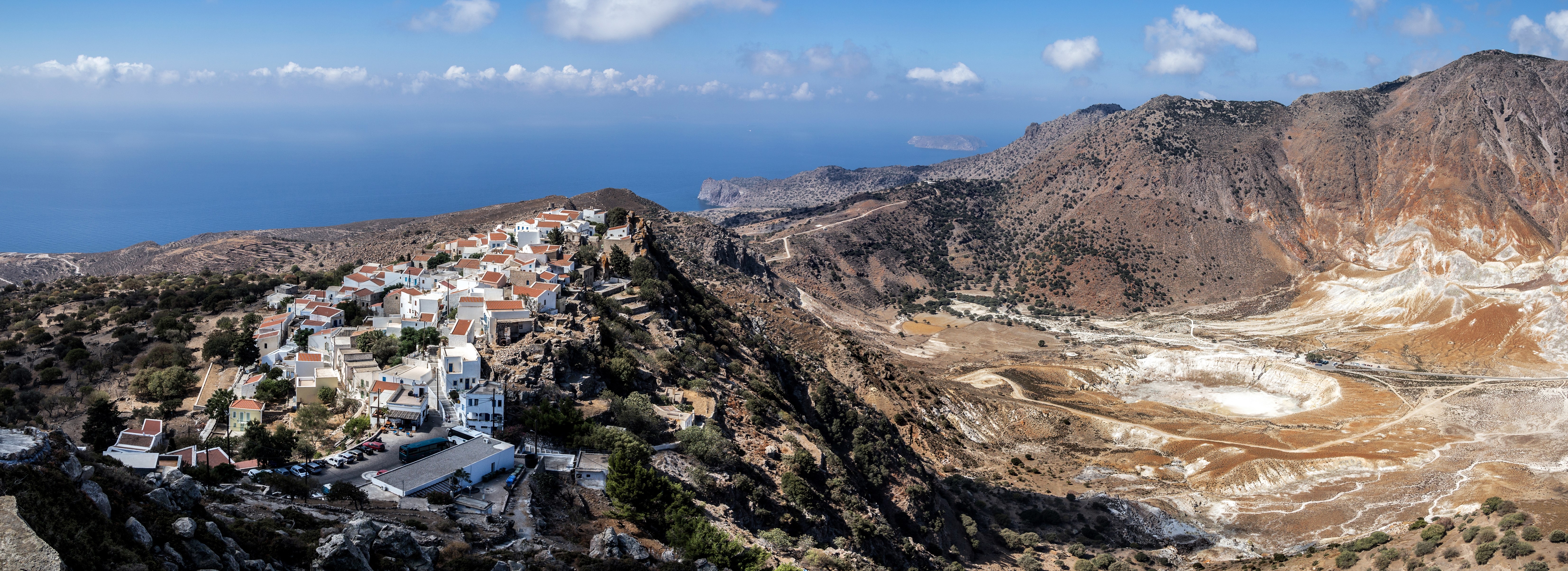 Greek islands, Nisyros. View to the village and the active volcano