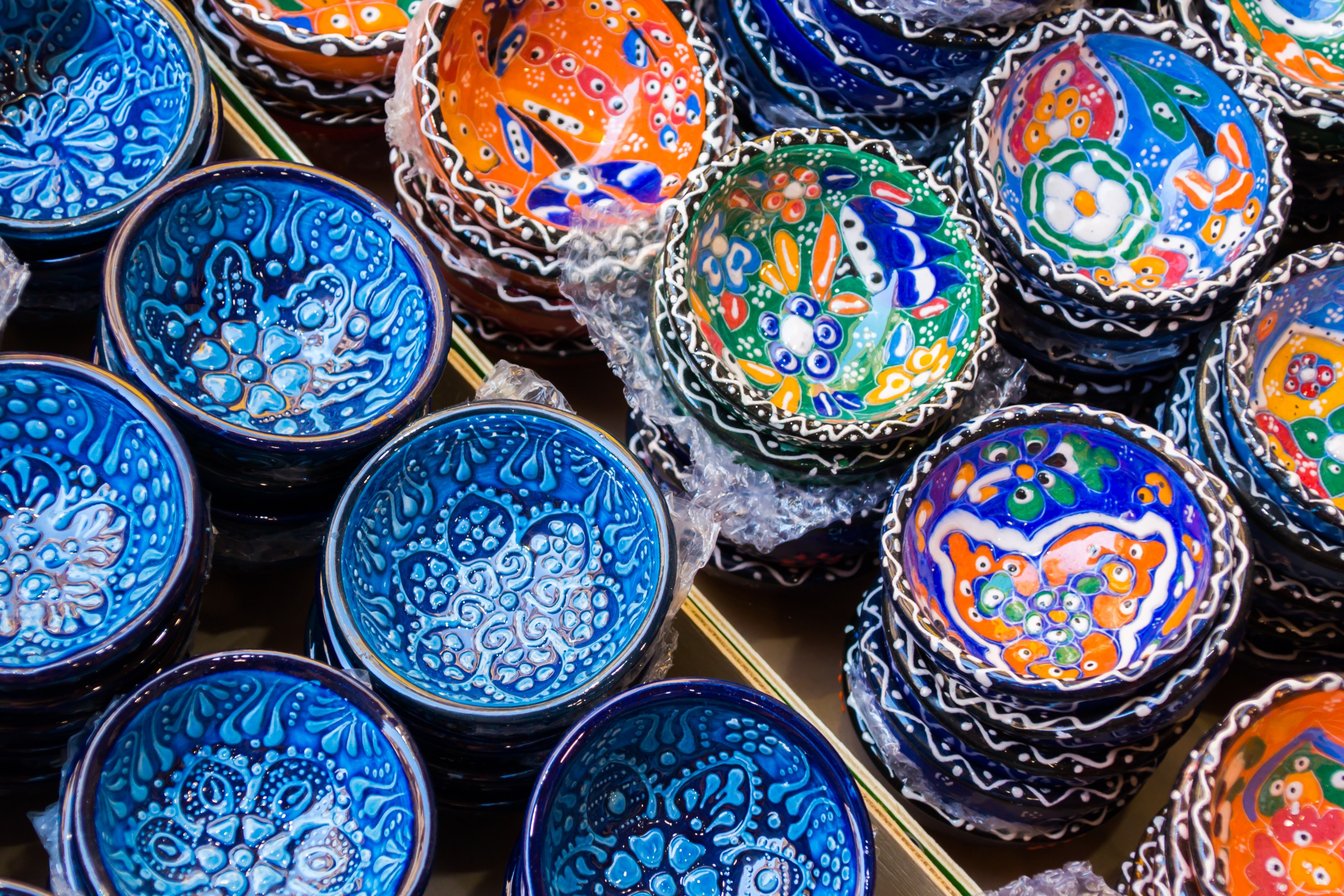 Traditional Cretan painted ceramic dishes for sale at a city centre shop along Odos 1821, Heraklion, Crete, Greece, Europe.