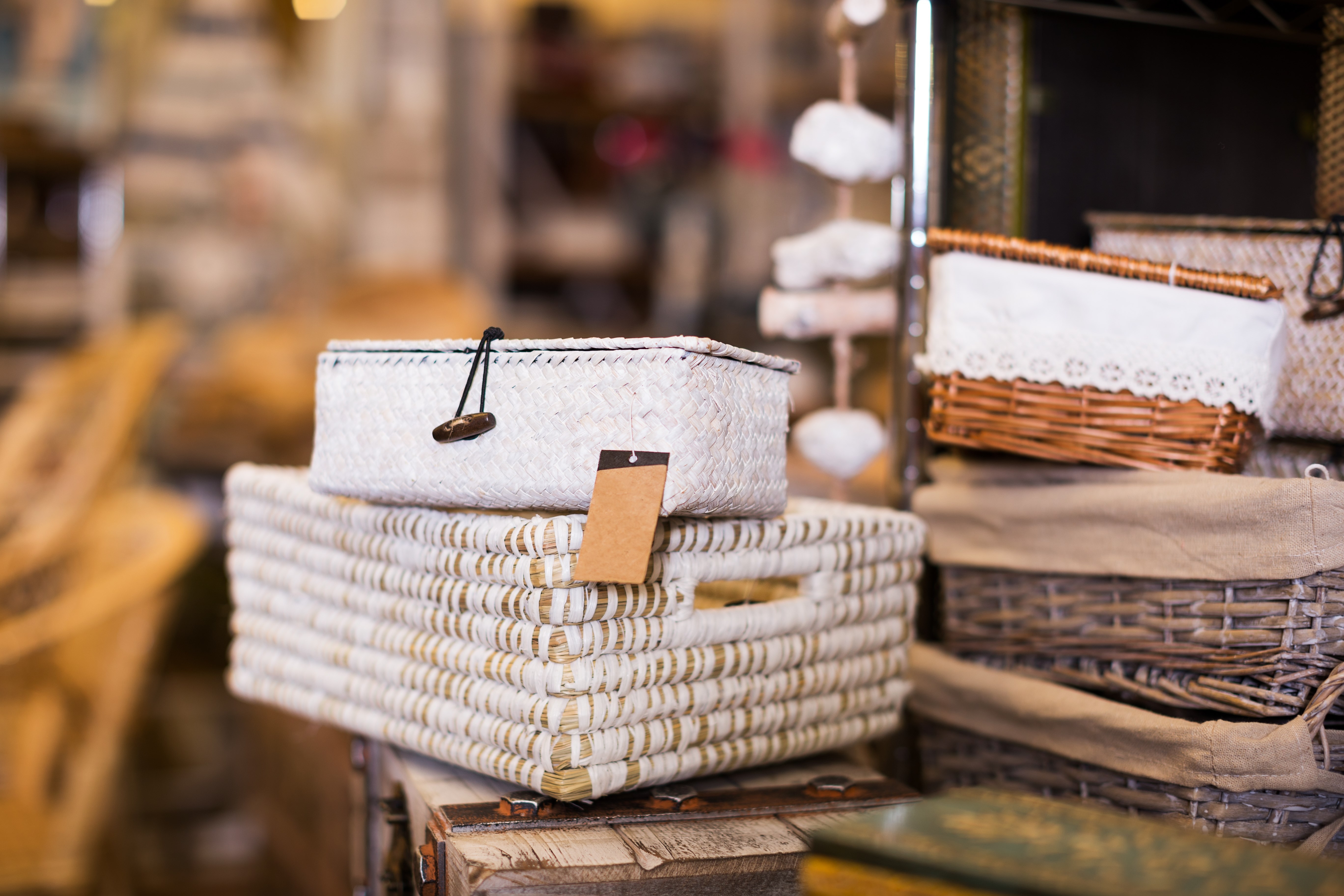 Assortment of wicker basket selling in the decor items store