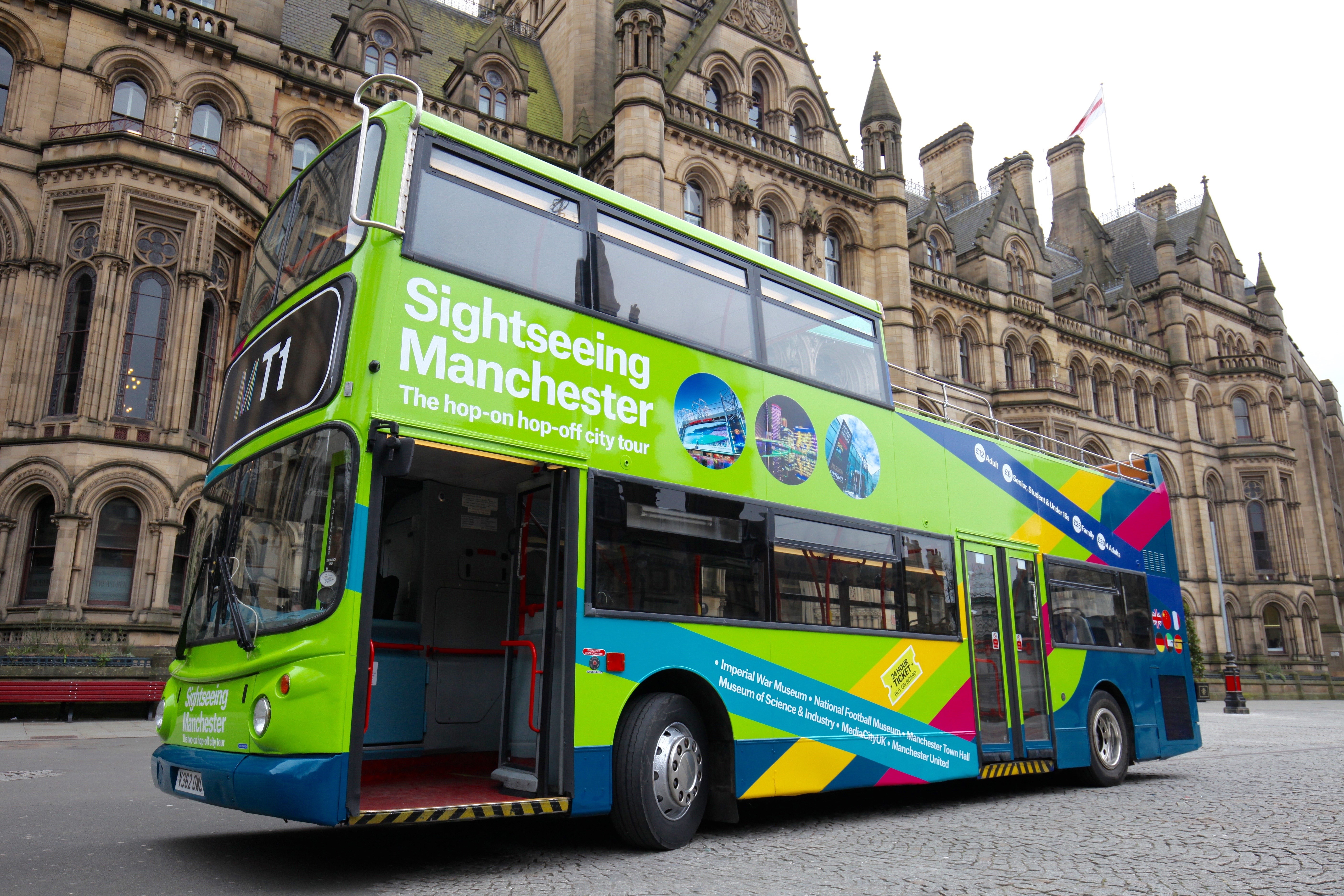 lime-green Hop-on Hop-off bus in Manchester