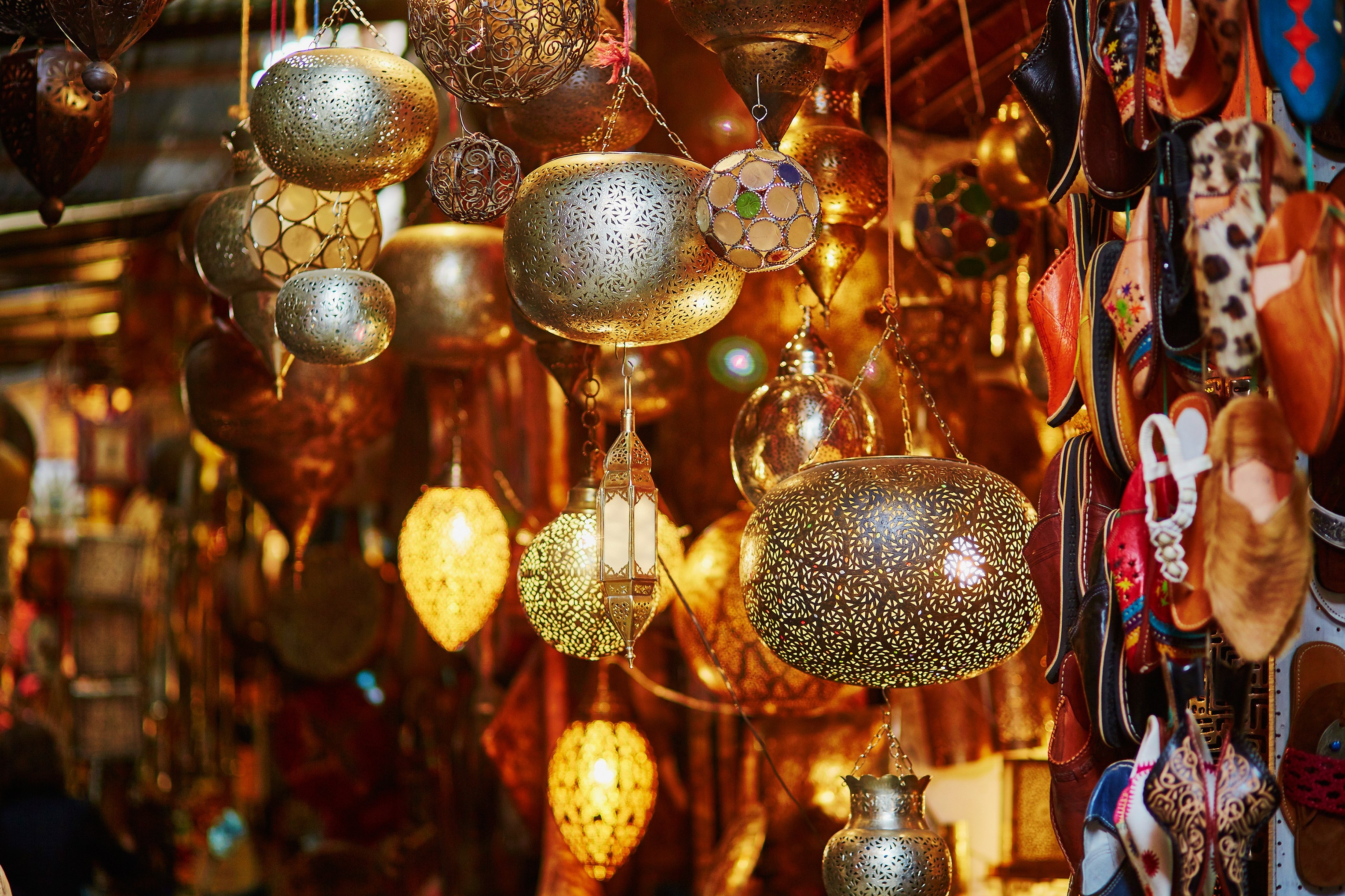 Selection of traditional lamps on Moroccan market (souk) in Marrakech, Morocco