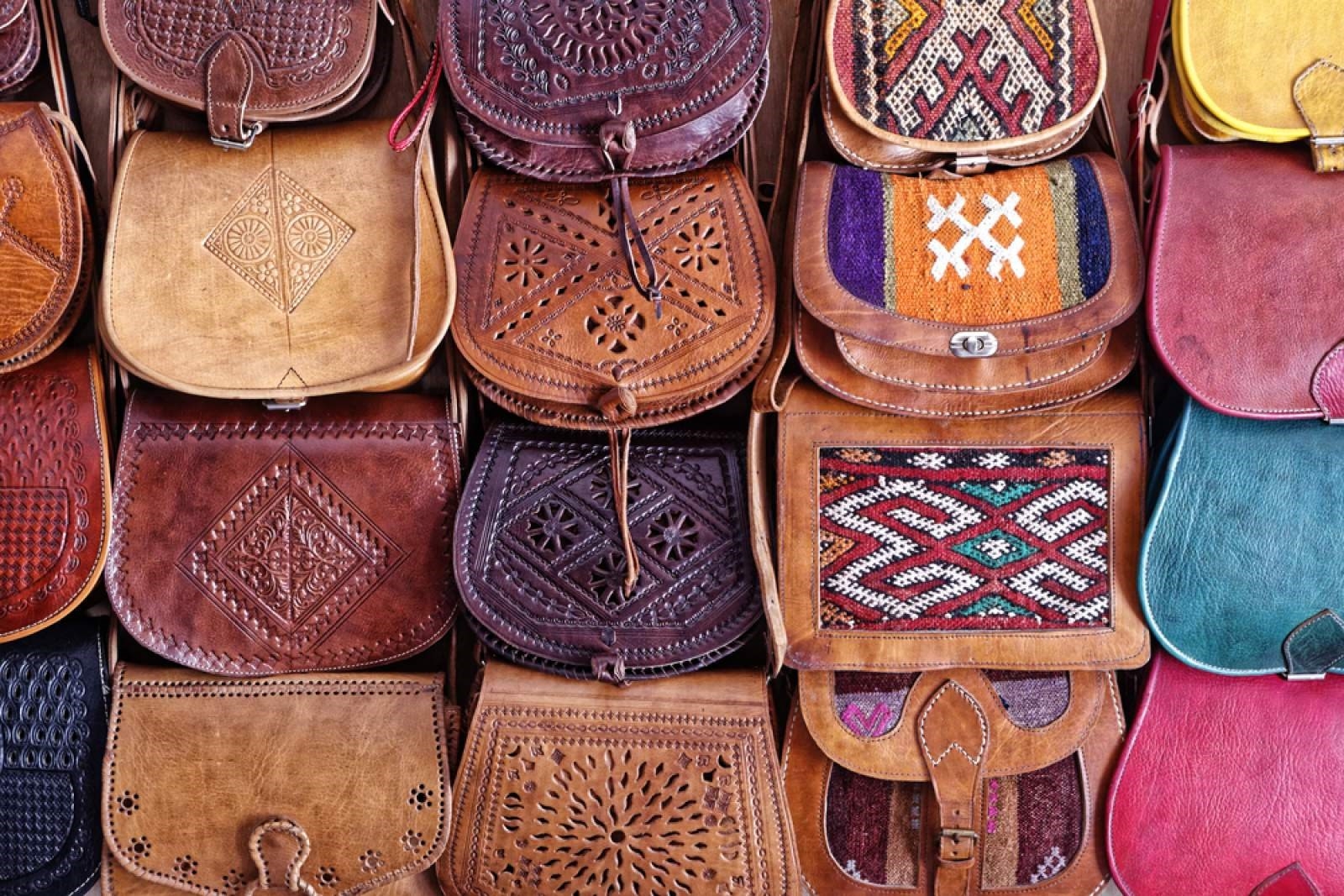Leather bags for women in the bazaar of Essaouira,Morocco
