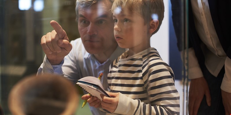 Father And Son Look At Artifacts In Case On Trip To Museum