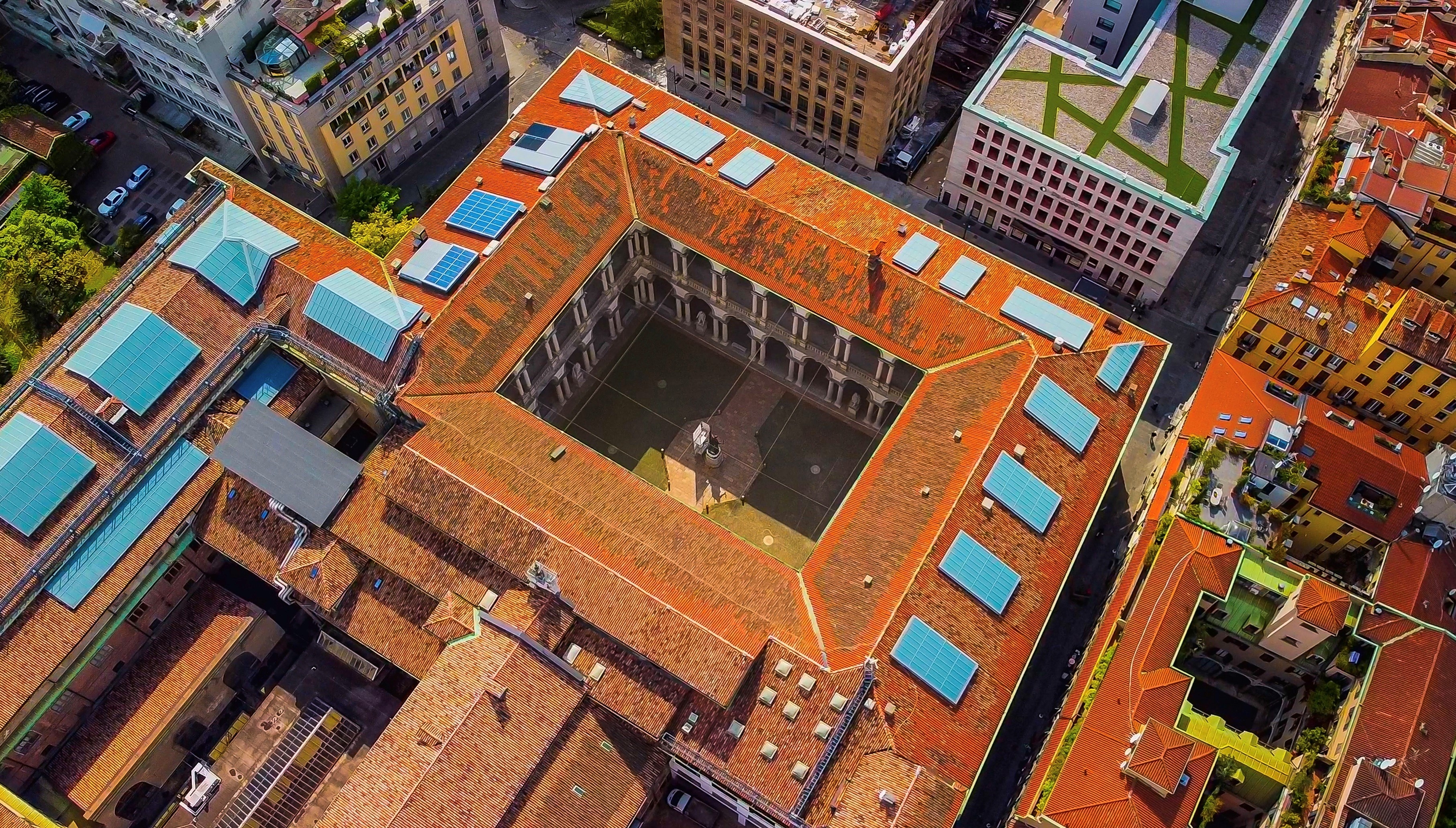 Aerial view of the rooftops of the Brera Pinacoteca and the domes of the Brera Astronomical Observatory