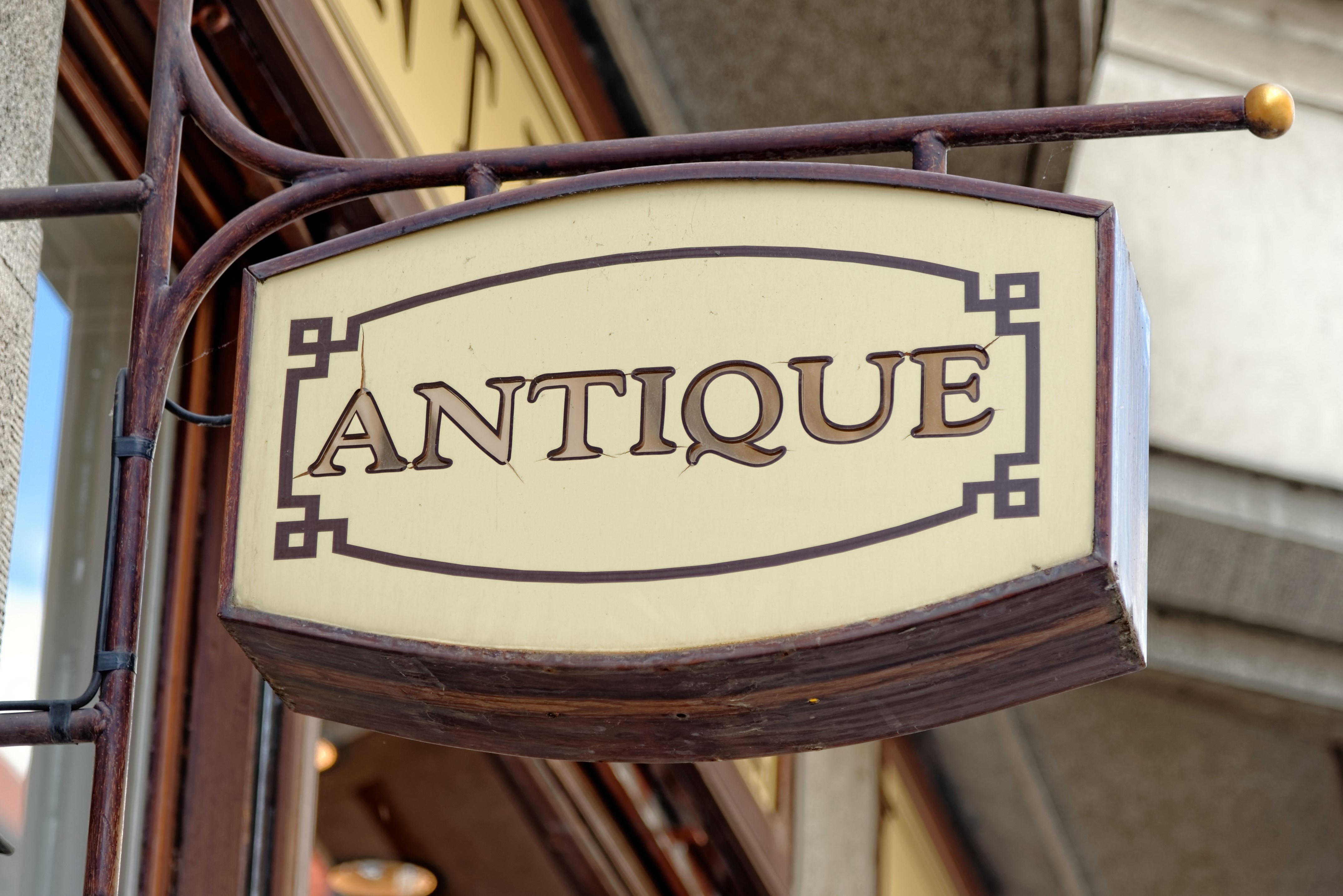 Antiques Sign Shop in Prague, Czech Republic.