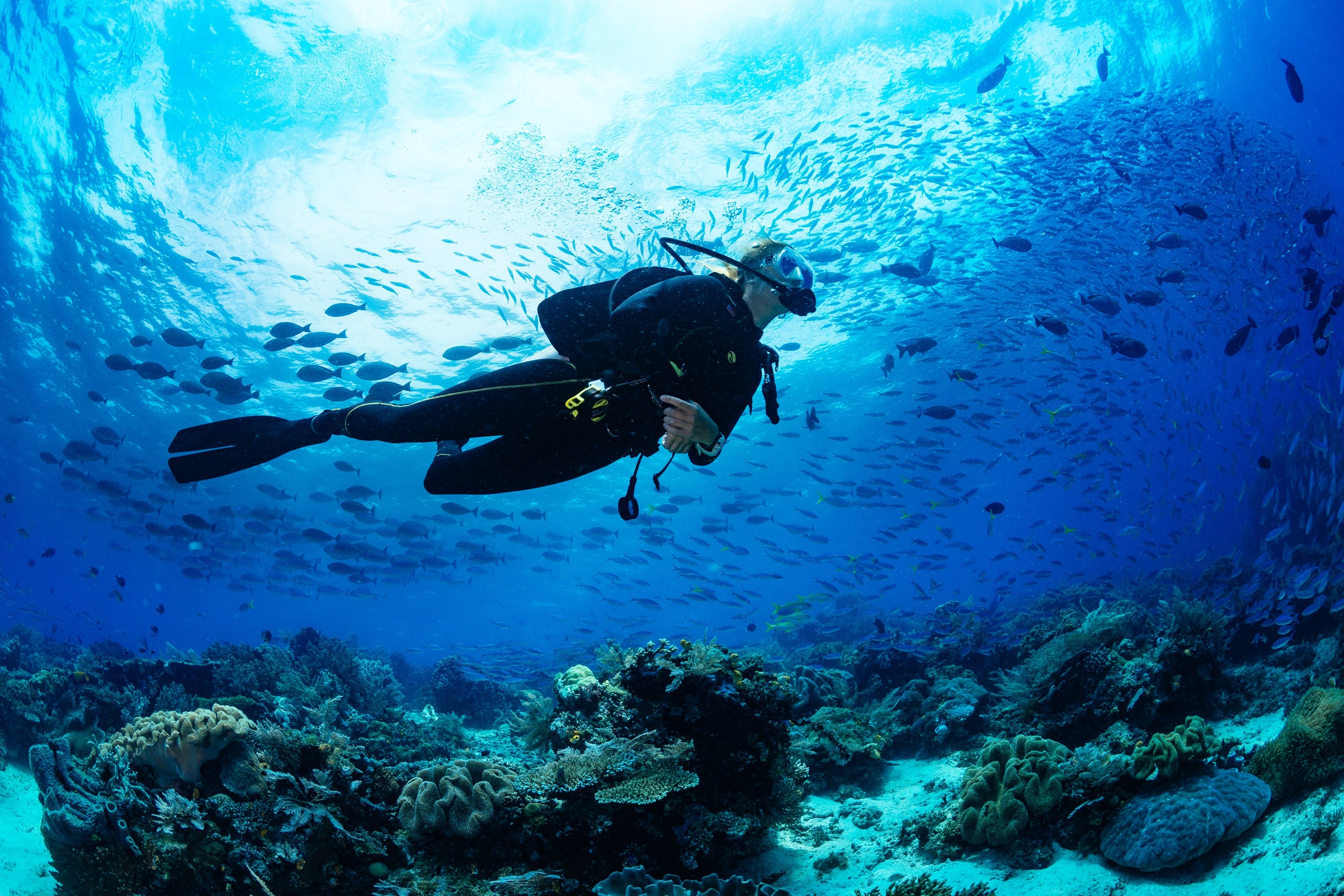 Girl scuba diving blue ocean