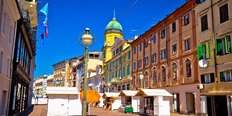Korzo square in city of Rijeka, clock tower and colorful architecture, Kvarner bay, Croatia