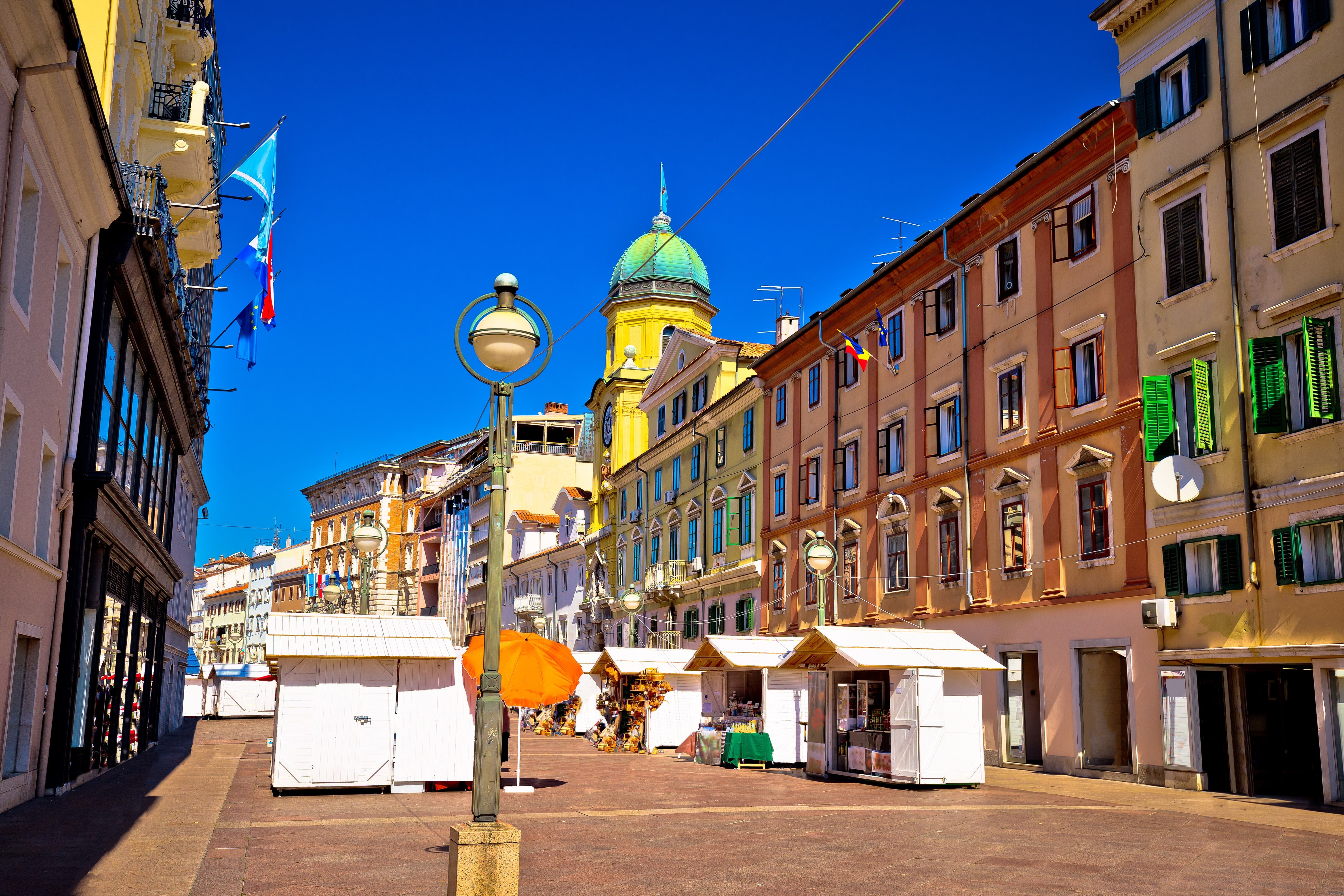 Korzo square in city of Rijeka, clock tower and colorful architecture, Kvarner bay, Croatia
