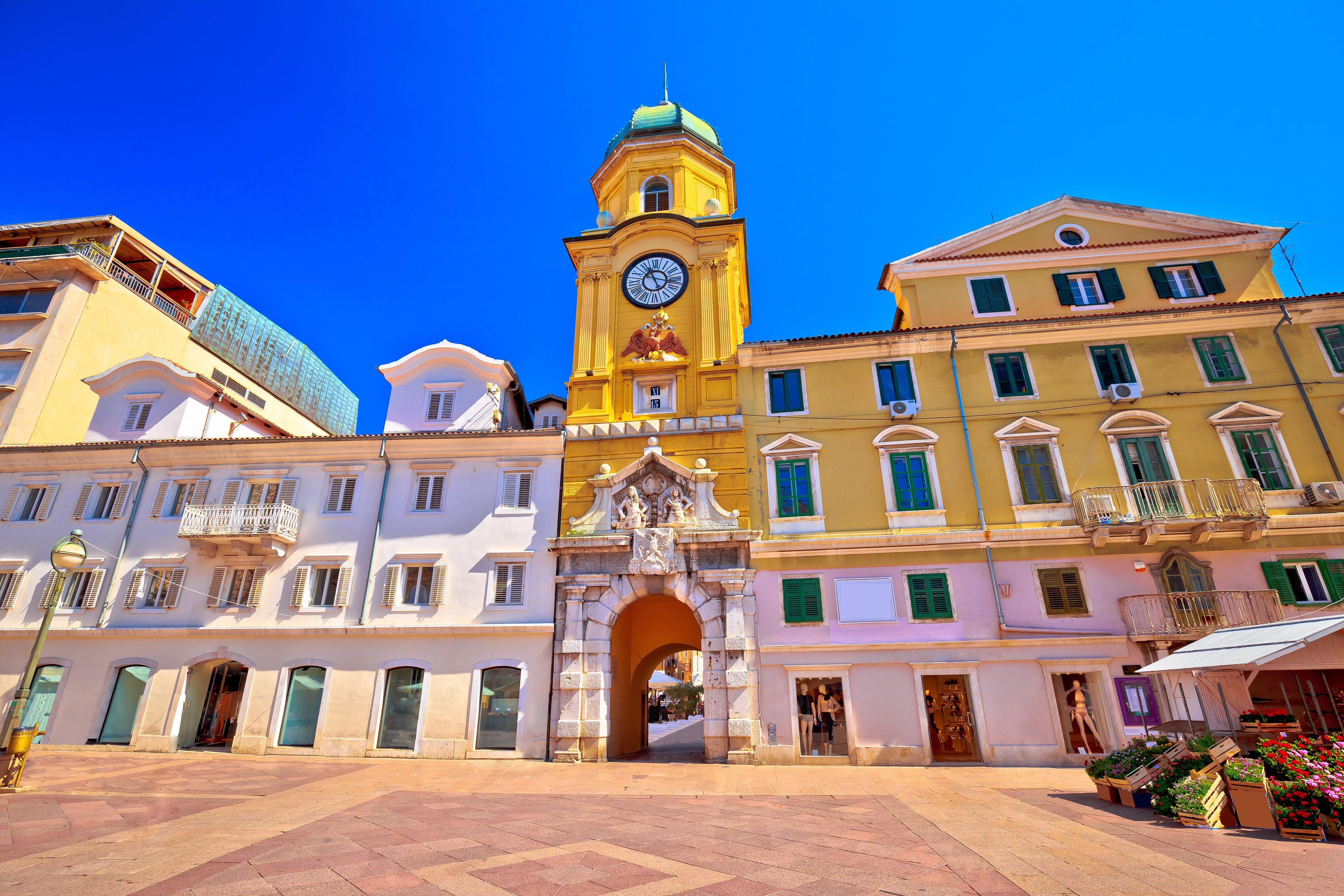 City of Rijeka main square and clock tower view, Kvarner bay, Croatia