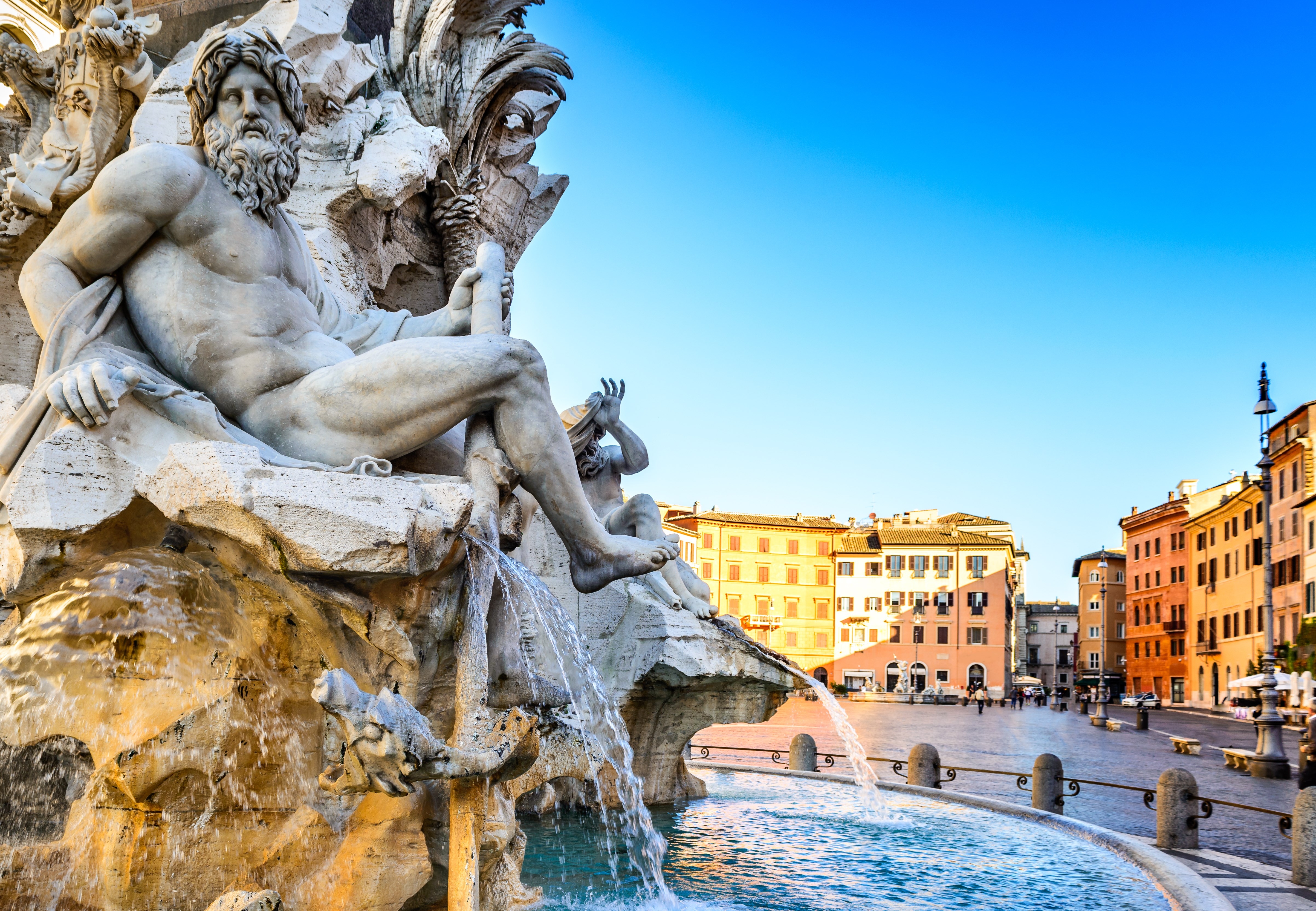 Rome, Italy. Fountain of the Four Rivers (Fontana dei Quattro Fiumi) with an Egyptian obelisk in Piazza Navona.