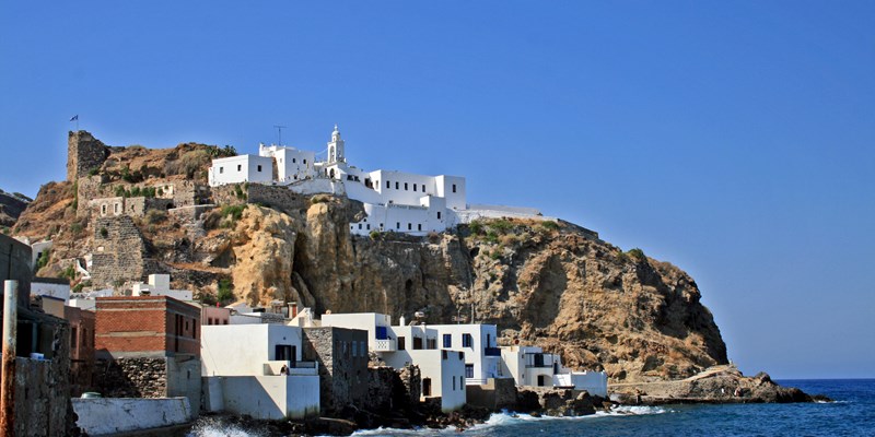 Monastery Panagia Spiliani over small town Mandraki on Nisyros island (Greece)