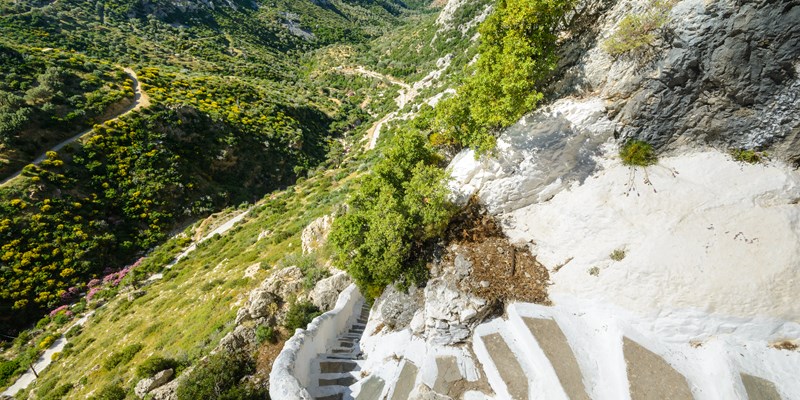 access stairs and through the valley to Pythagoras cave, Greece, the island of Samos