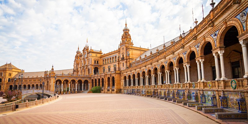 Spain, Seville. Spain Square, a landmark example of the Renaissance Revival style in Spanish architecture