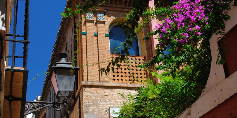 Typical andalusian houses at barrio Santa Cruz, Seville, Spain