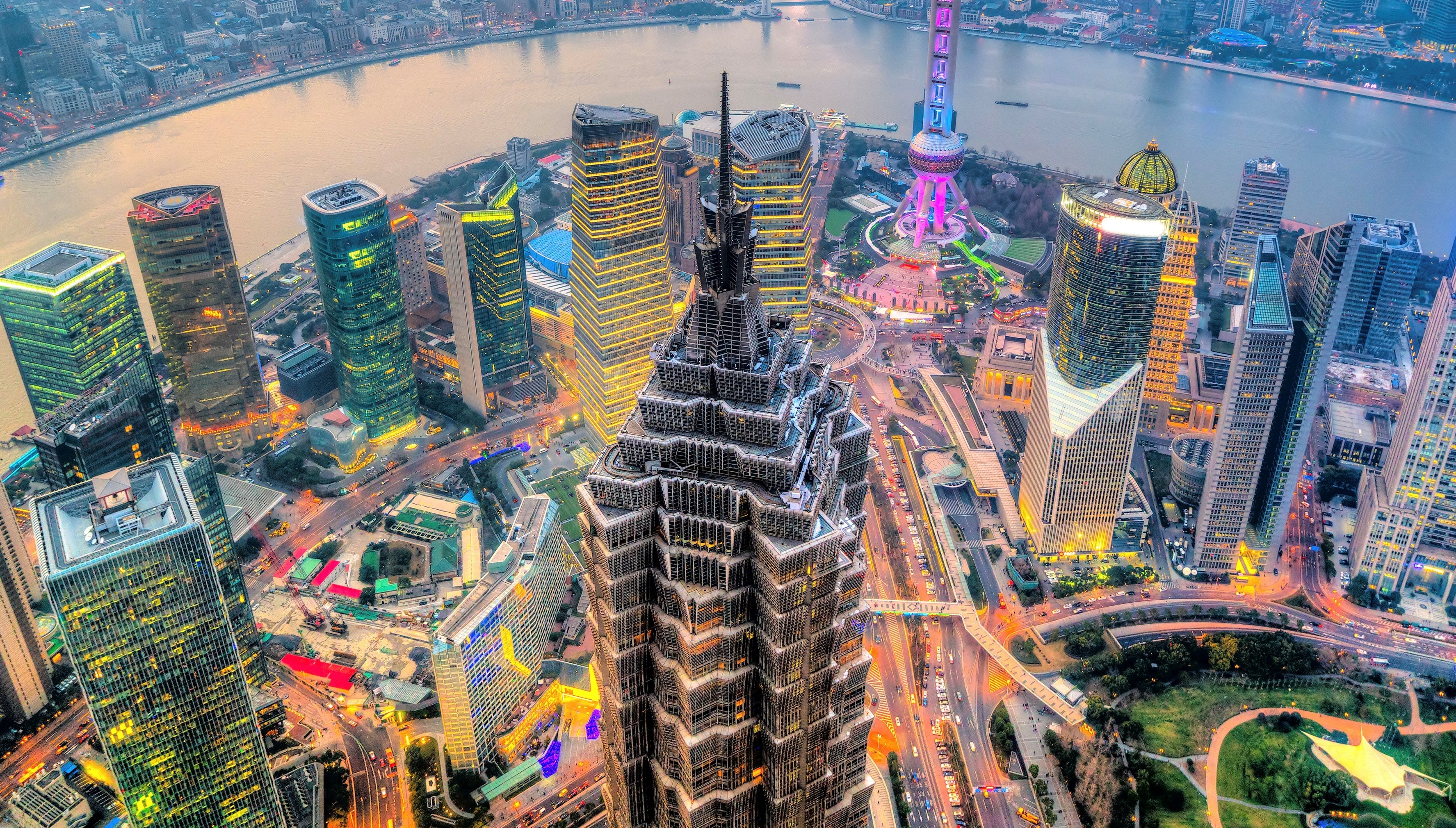 Shanghai city skyline, view of the skyscrapers of Pudong and huangpu River
