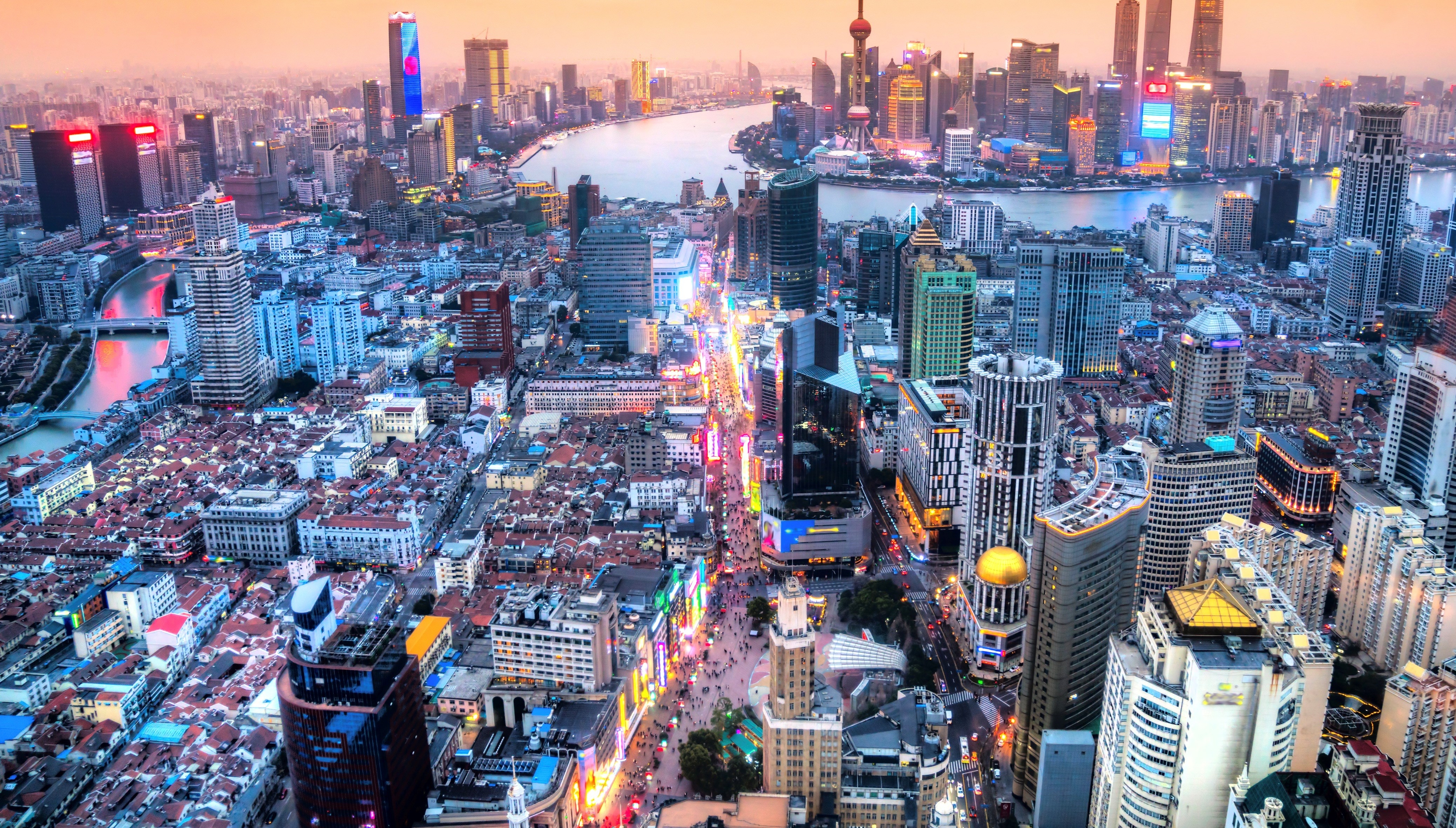 Shanghai city skyline, view of the skyscrapers of Pudong, the Bund and Nanjing road