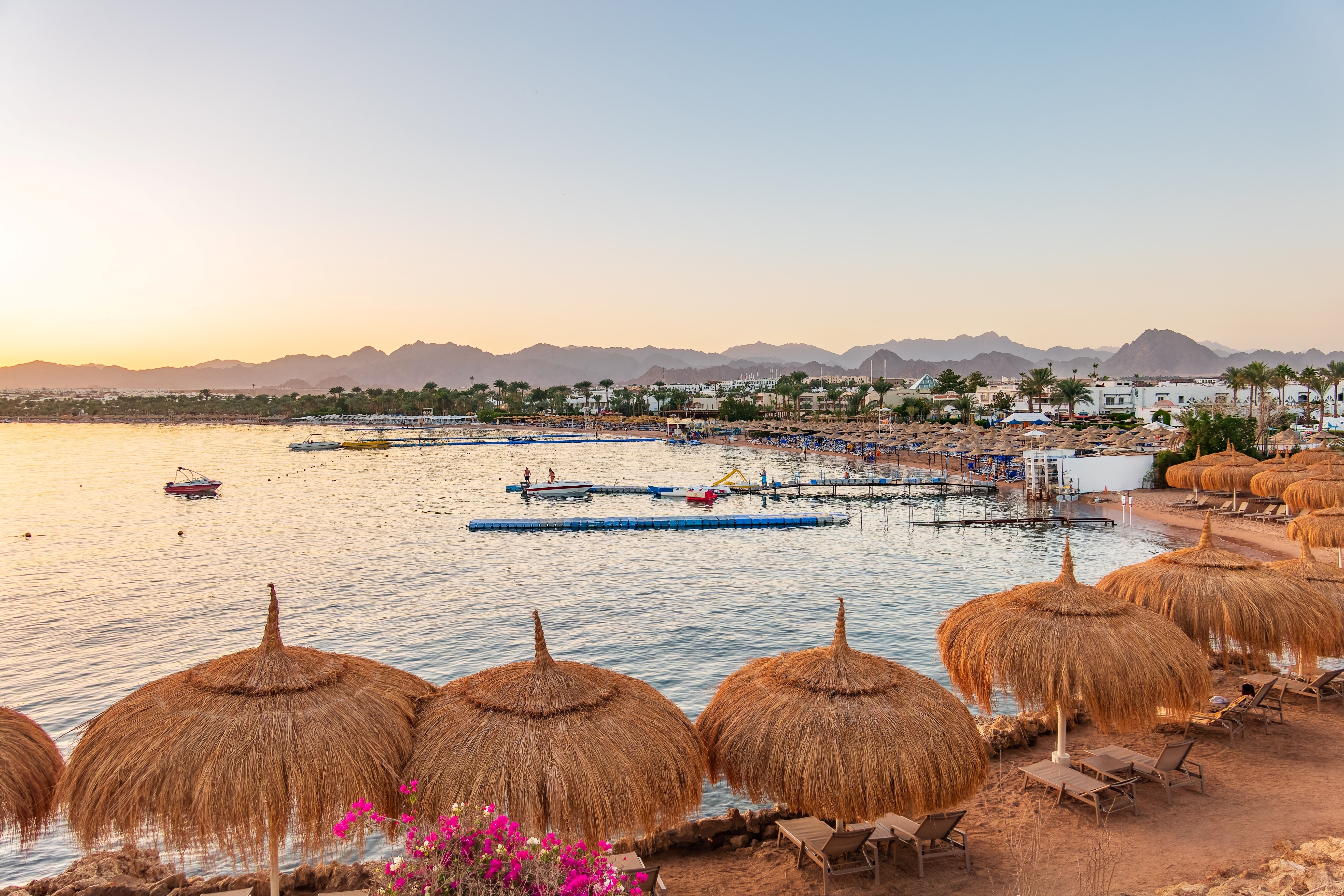 Scenic view of Naama Bay, Sharm-el-Sheikh, Egypt. Sunrise over the sea. Panoramic seascape.