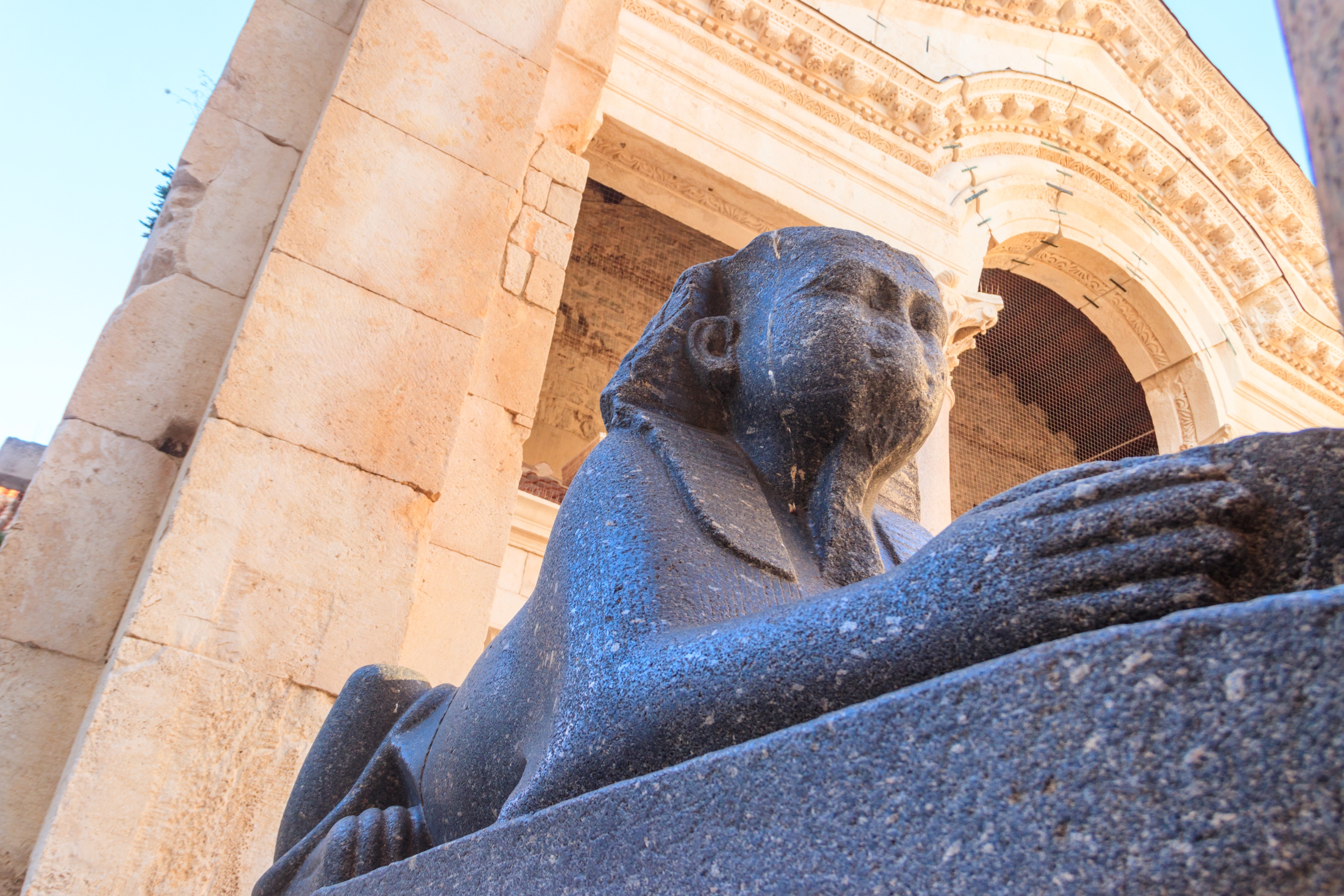 Statue of sphinx at the Peristyle square of the ancient Diocletian's Palace in the old town area of Split, Croatia