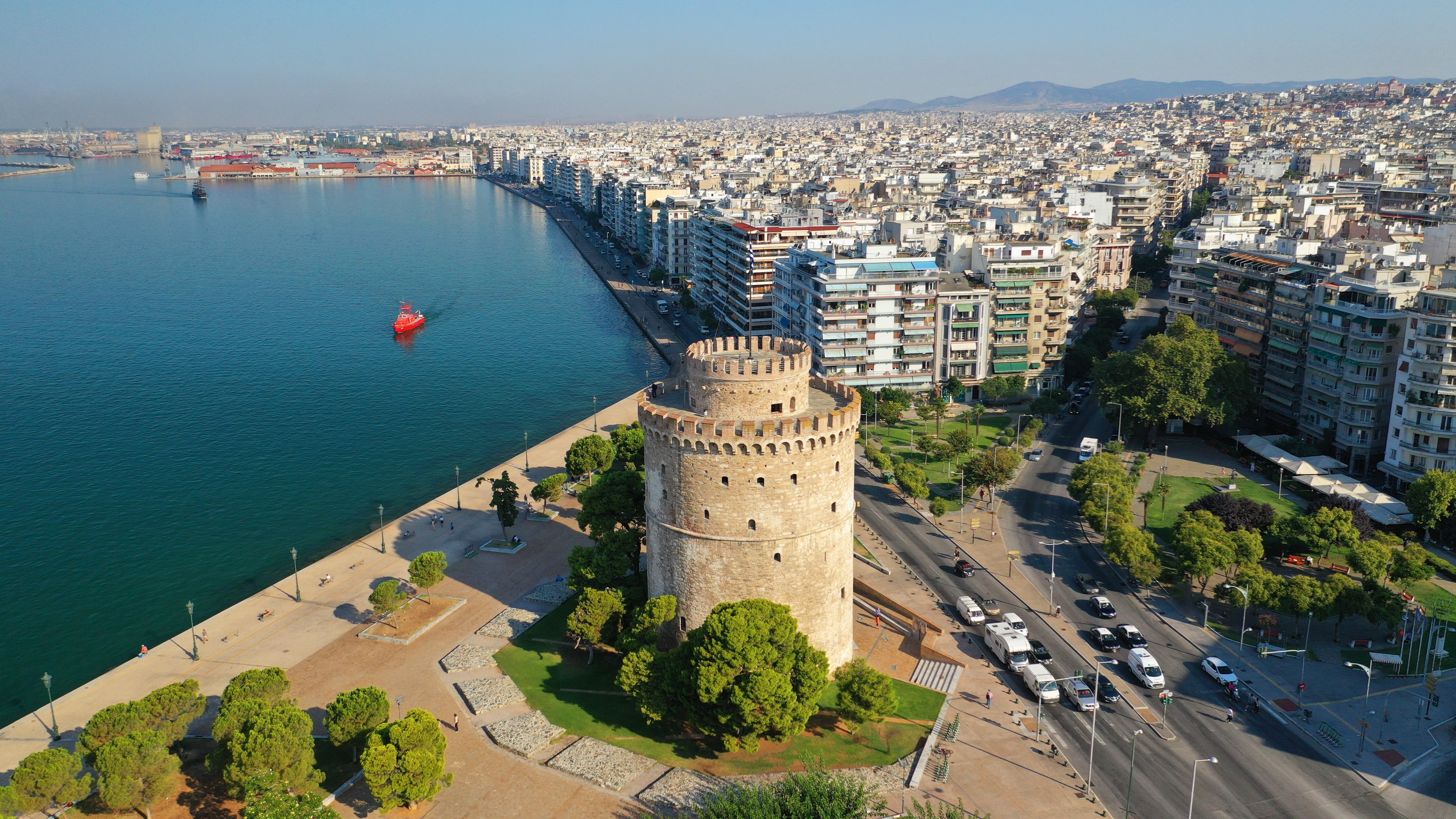 Aerial drone view of iconic historic landmark - old byzantine White Tower of Thessaloniki