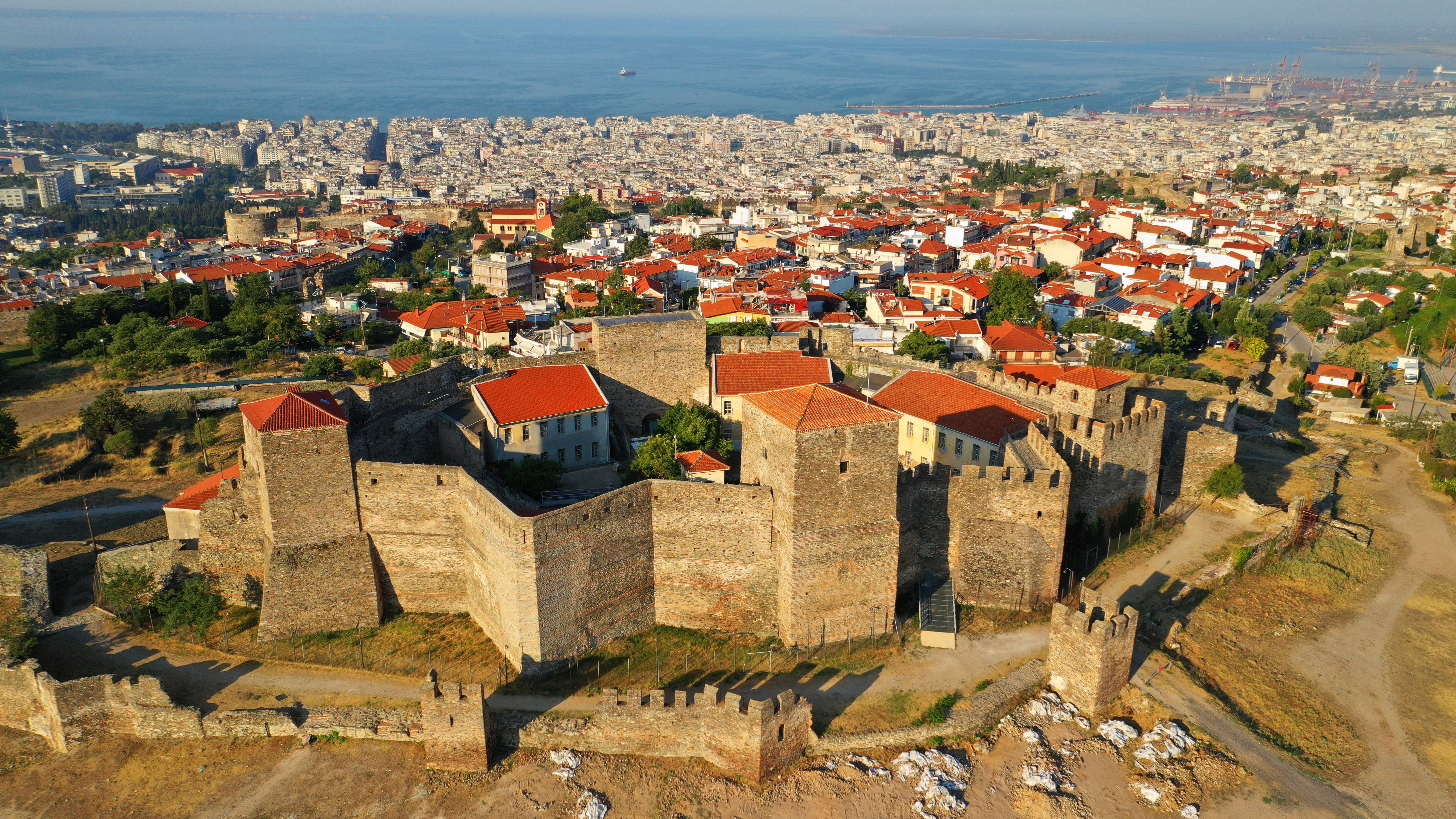 Aerial drone photo of iconic byzantine Eptapyrgio or Yedi Kule medieval fortress