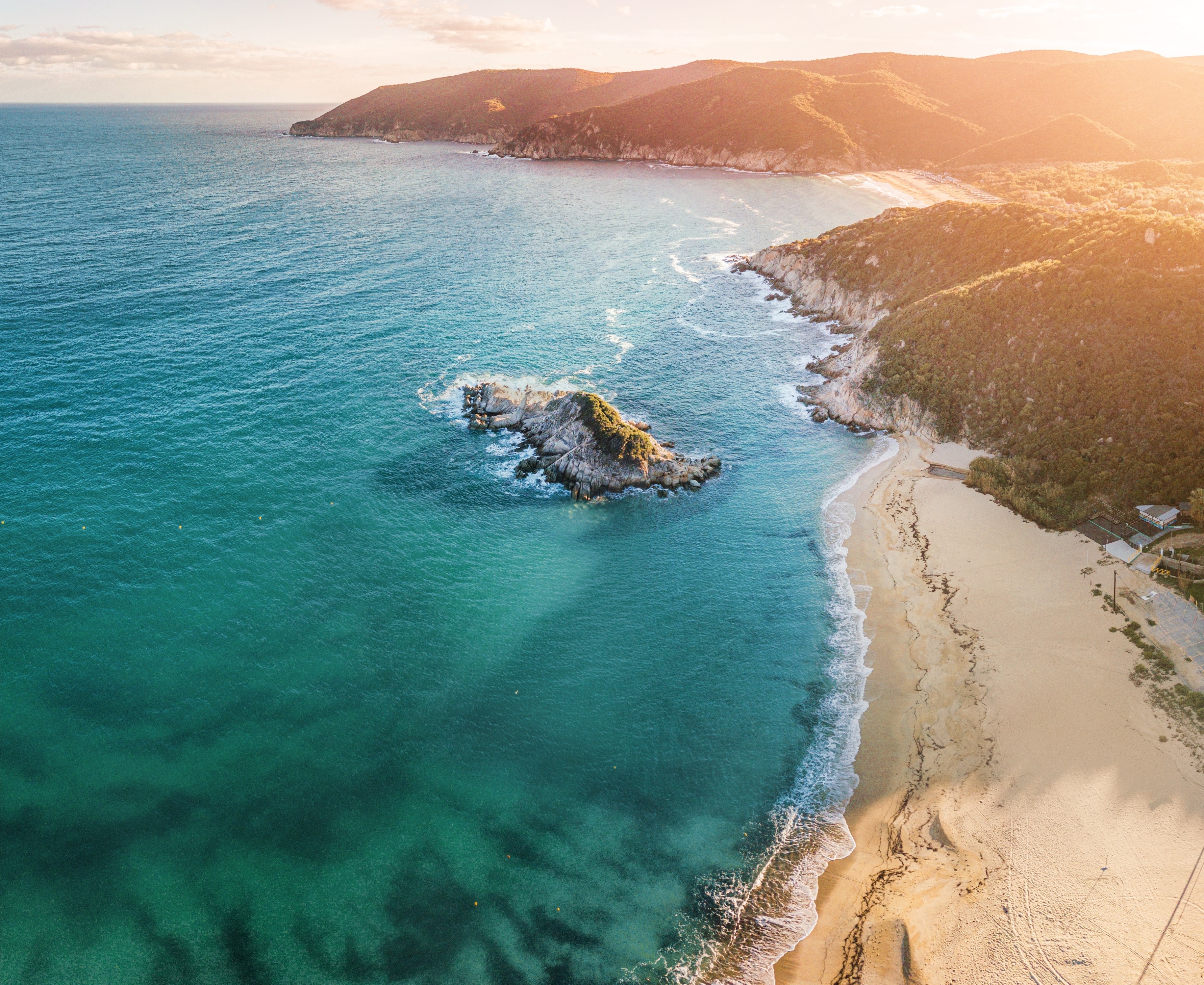 Scenic aerial view of one of the most iconic and popular beaches in the Halkidiki region - Kalamitsi on the Sithonia peninsula.