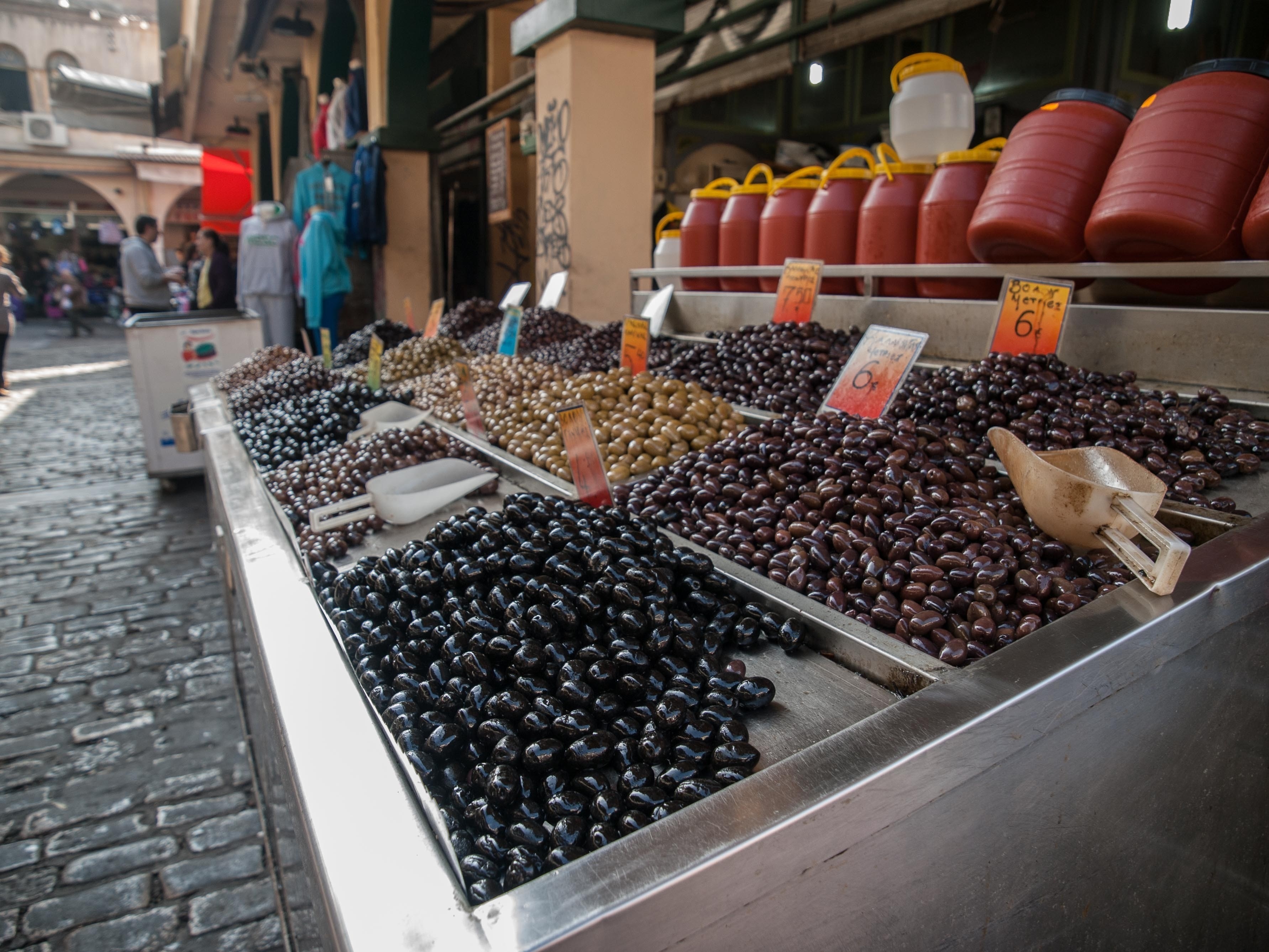 Various olives at the outdoor market in Thessaloniki