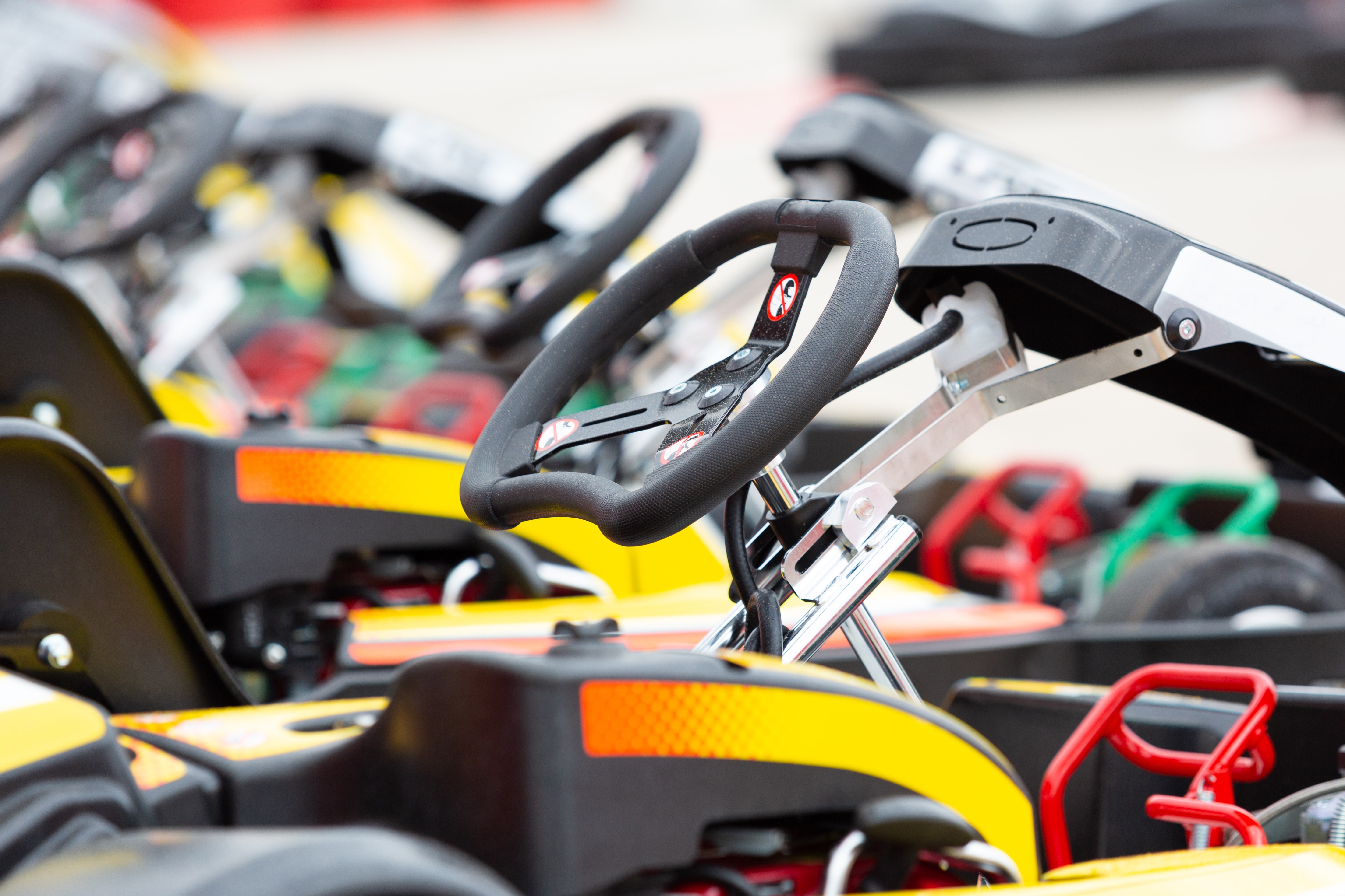 Close up of a kart's steering wheel