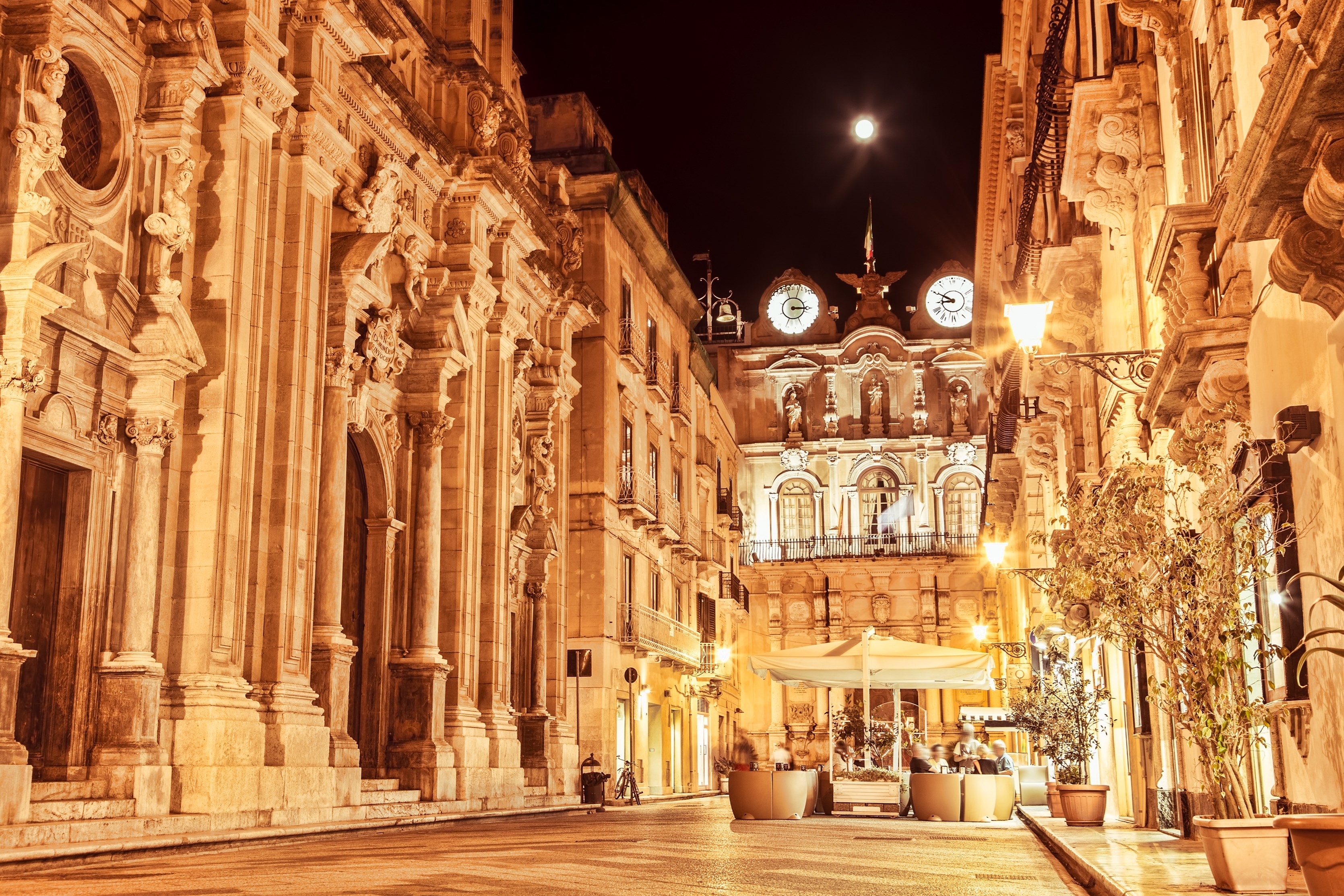 Trapani main street at night, Sicily.