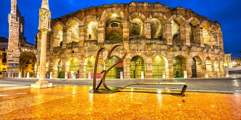 Aerial view of Verona with the Verona Arena in the center. Veneto, Italy